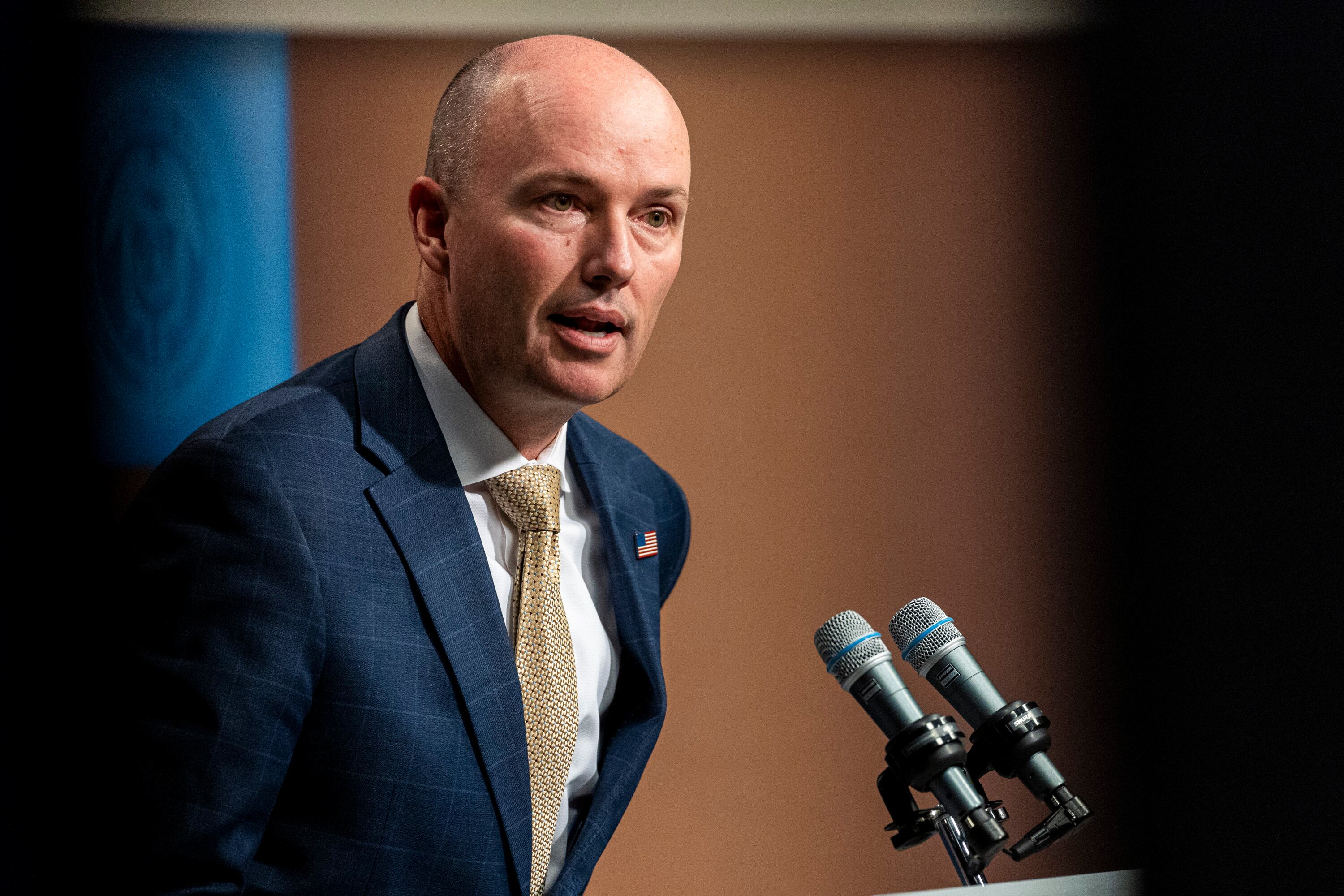 Utah Gov. Spencer Cox speaks at his monthly news conference held at the Eccles Broadcast Center in Salt Lake City on Sept. 19. Cox arrived in East Asia this week to encourage economic ties between the Beehive State and the countries of South Korea and Japan.