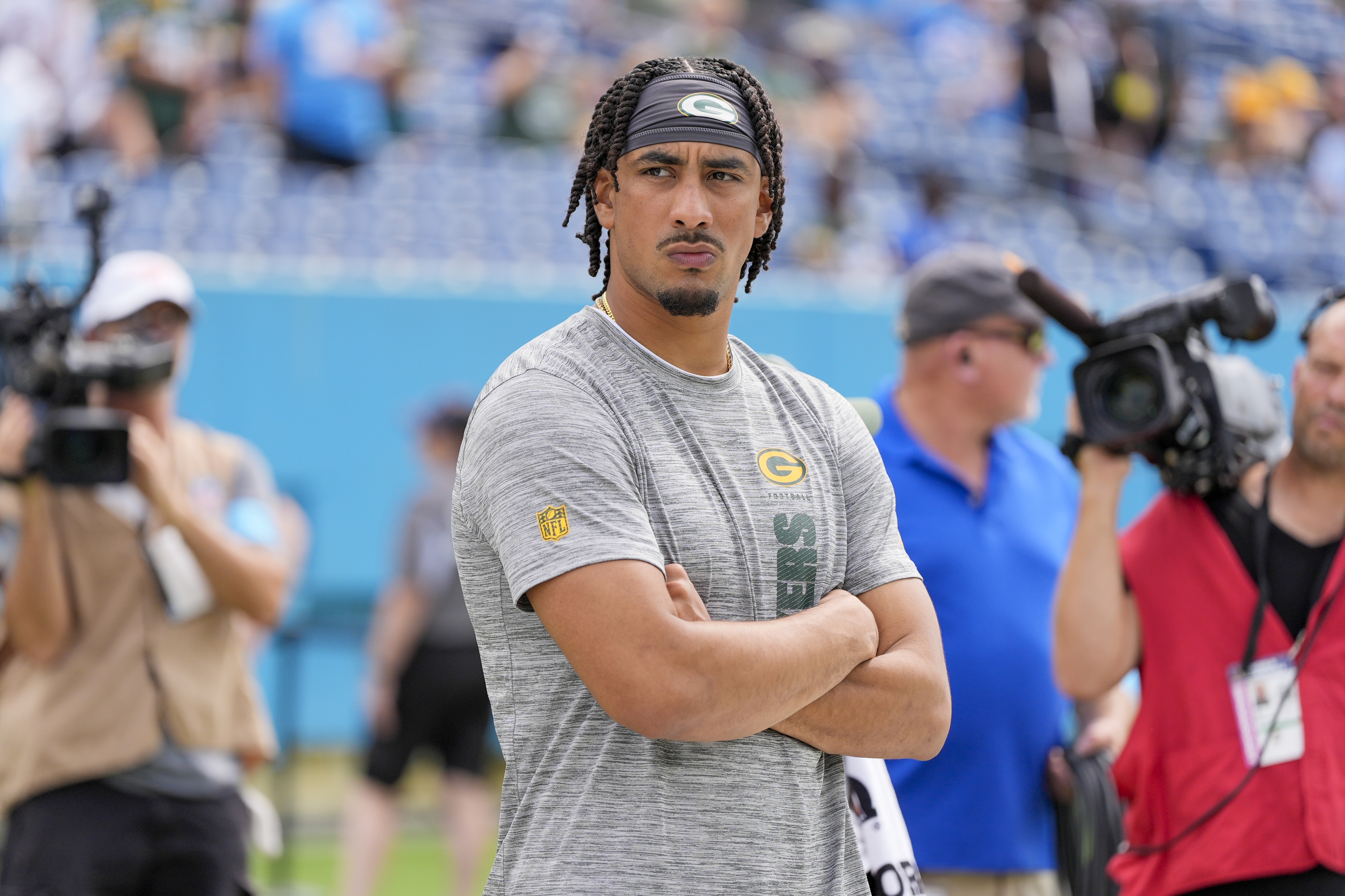 Green Bay Packers' Jordan Love watches before an NFL football game against the Tennessee Titans Sunday, Sept. 22, 2024, in Nashville, Tenn. 