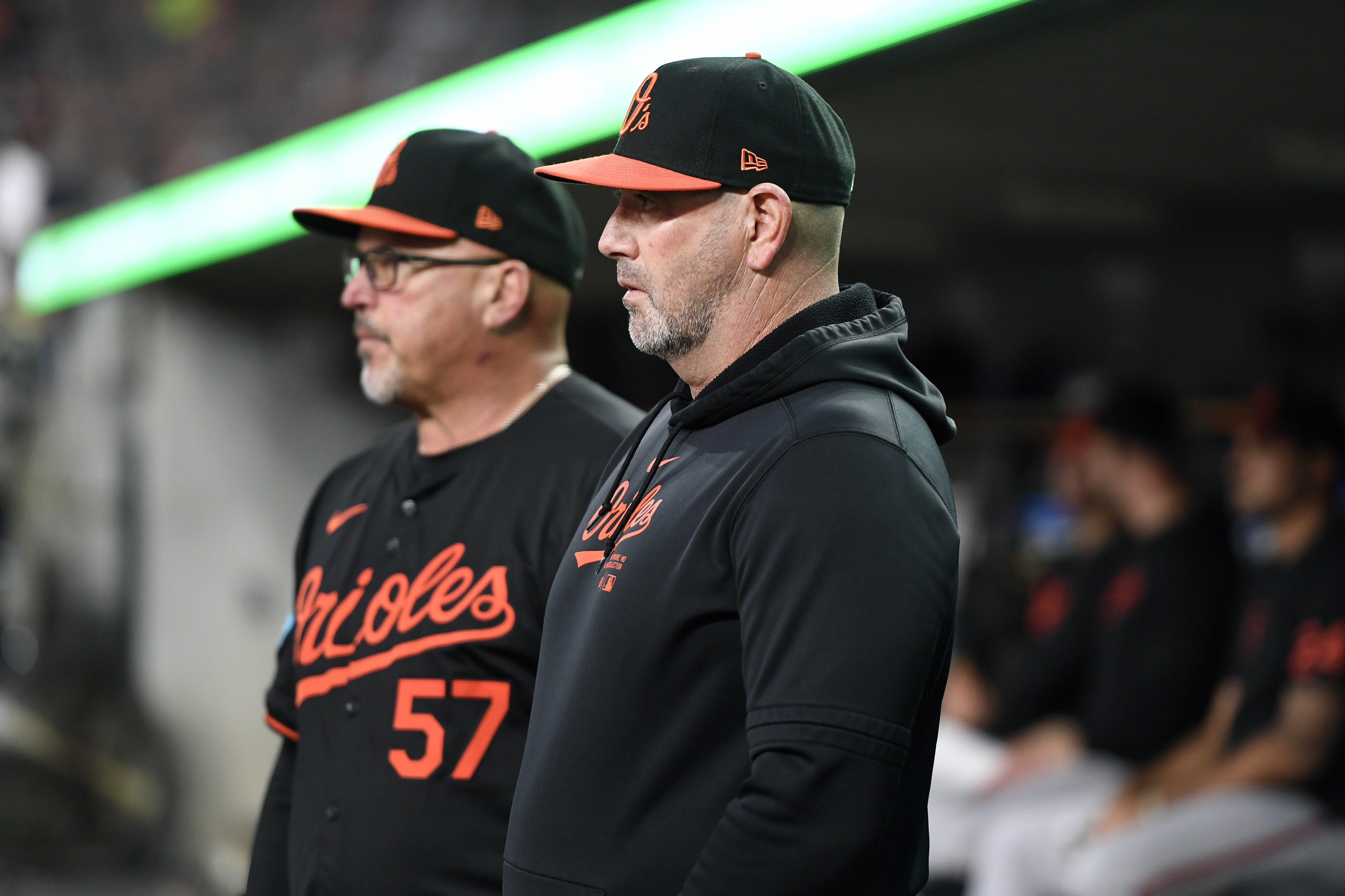 Baltimore Orioles manager Brandon Hyde, right, and bench coach Fredi González watch from the dugout in the sixth inning of a baseball game against the Detroit Tigers, Saturday, Sept. 14, 2024, in Detroit.