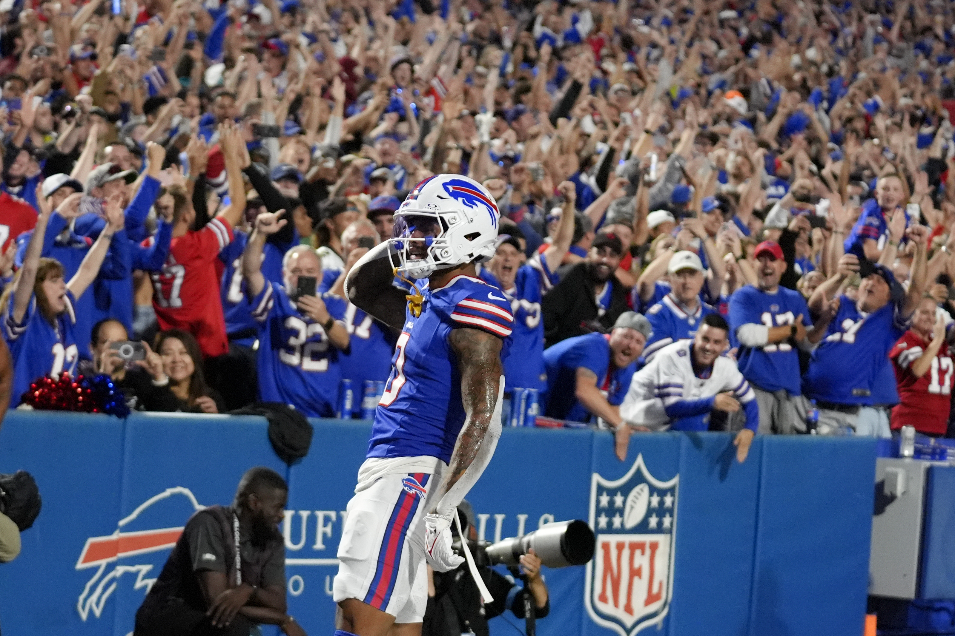 Buffalo Bills wide receiver Keon Coleman celebrates after scoring a touchdown against the Jacksonville Jaguars during the first half of an NFL football game Monday, Sept. 23, 2024, in Orchard Park, NY. 