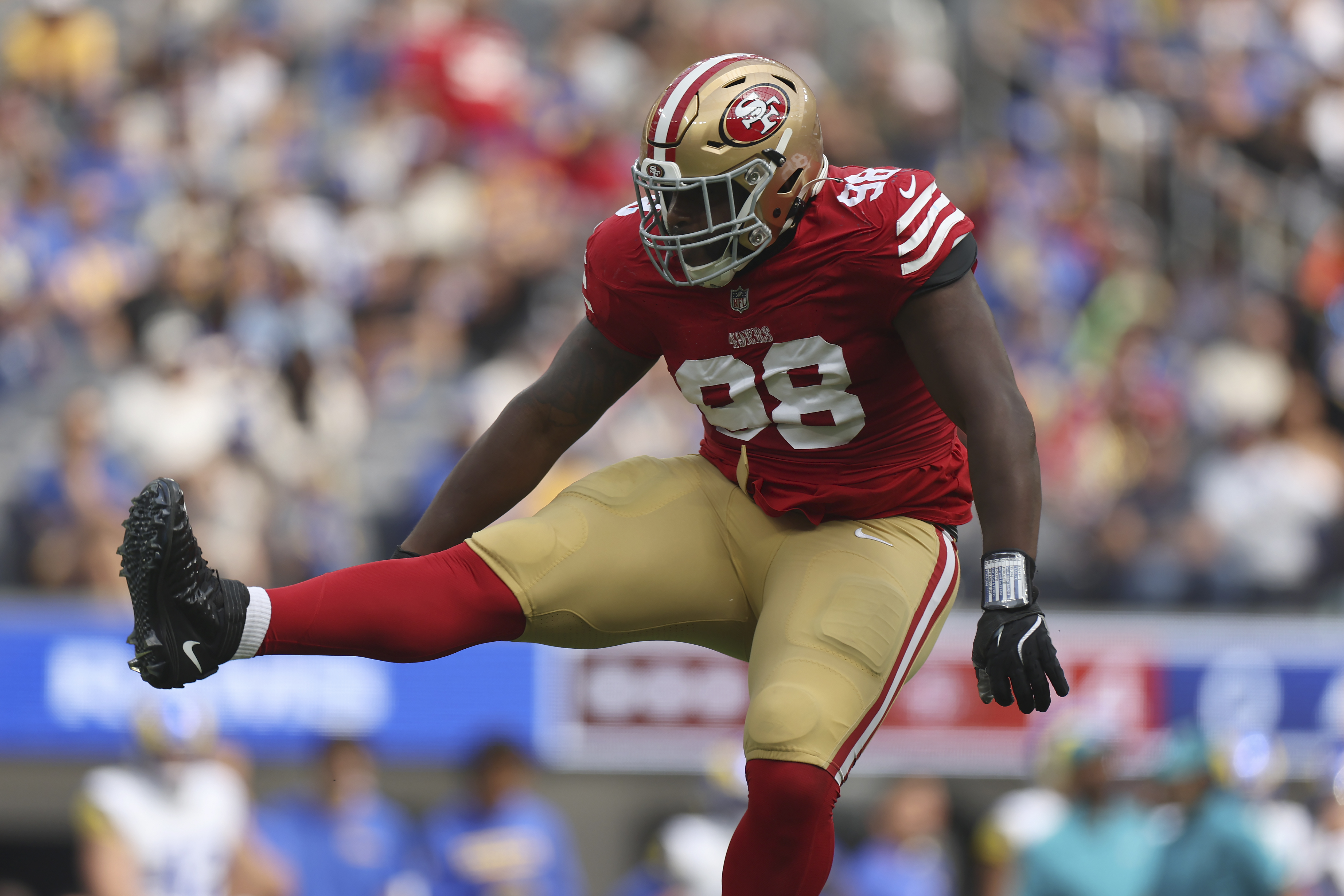 San Francisco 49ers defensive tackle Javon Hargrave (98) celebrates after sacking Los Angeles Rams quarterback Matthew Stafford during the first half of an NFL football game, Sunday, Sept. 22, 2024, in Inglewood, Calif. 