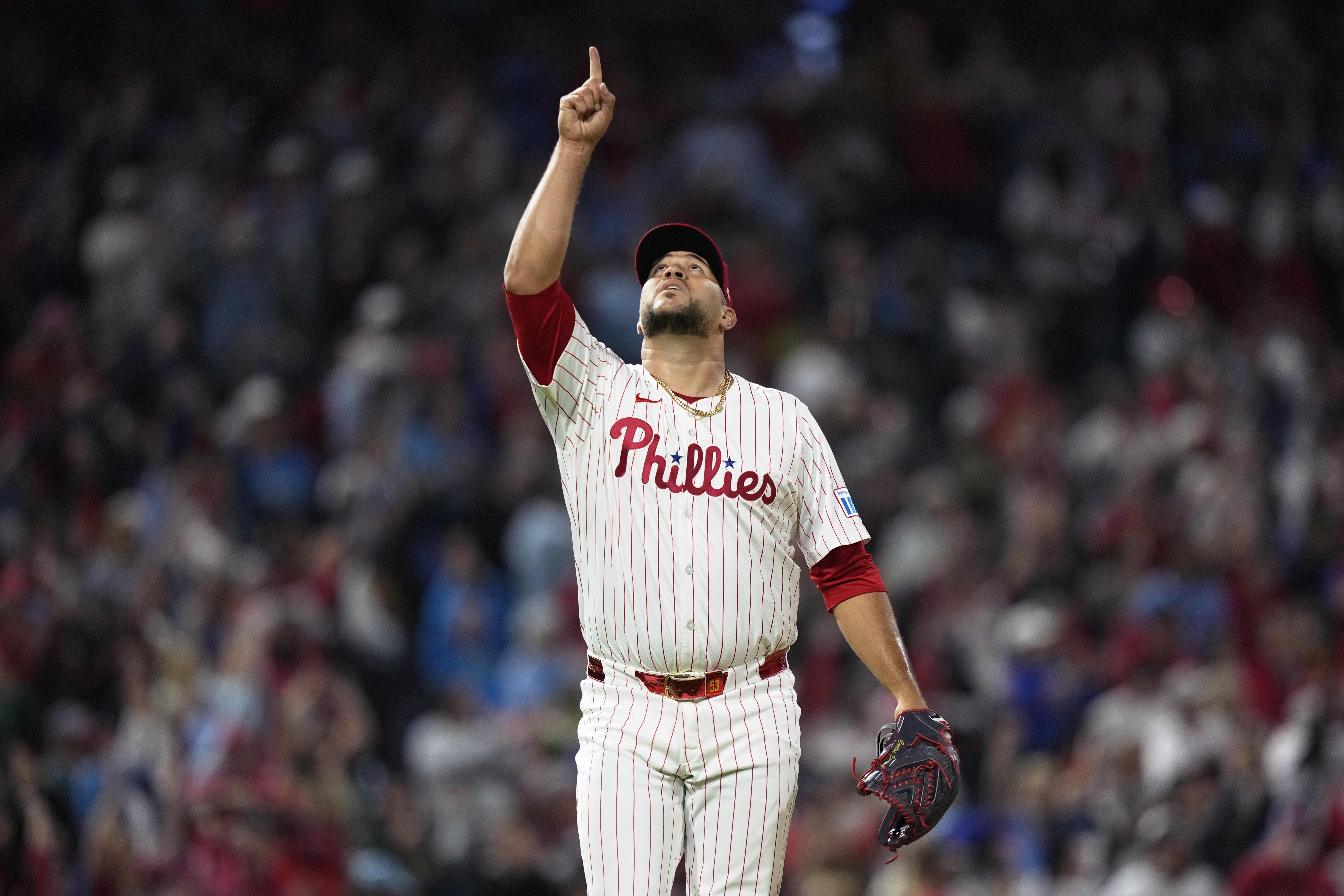 Philadelphia Phillies pitcher Carlos Estévez reacts after the Phillies won a baseball game against the Chicago Cubs, Wednesday, Sept. 25, 2024, in Philadelphia. 