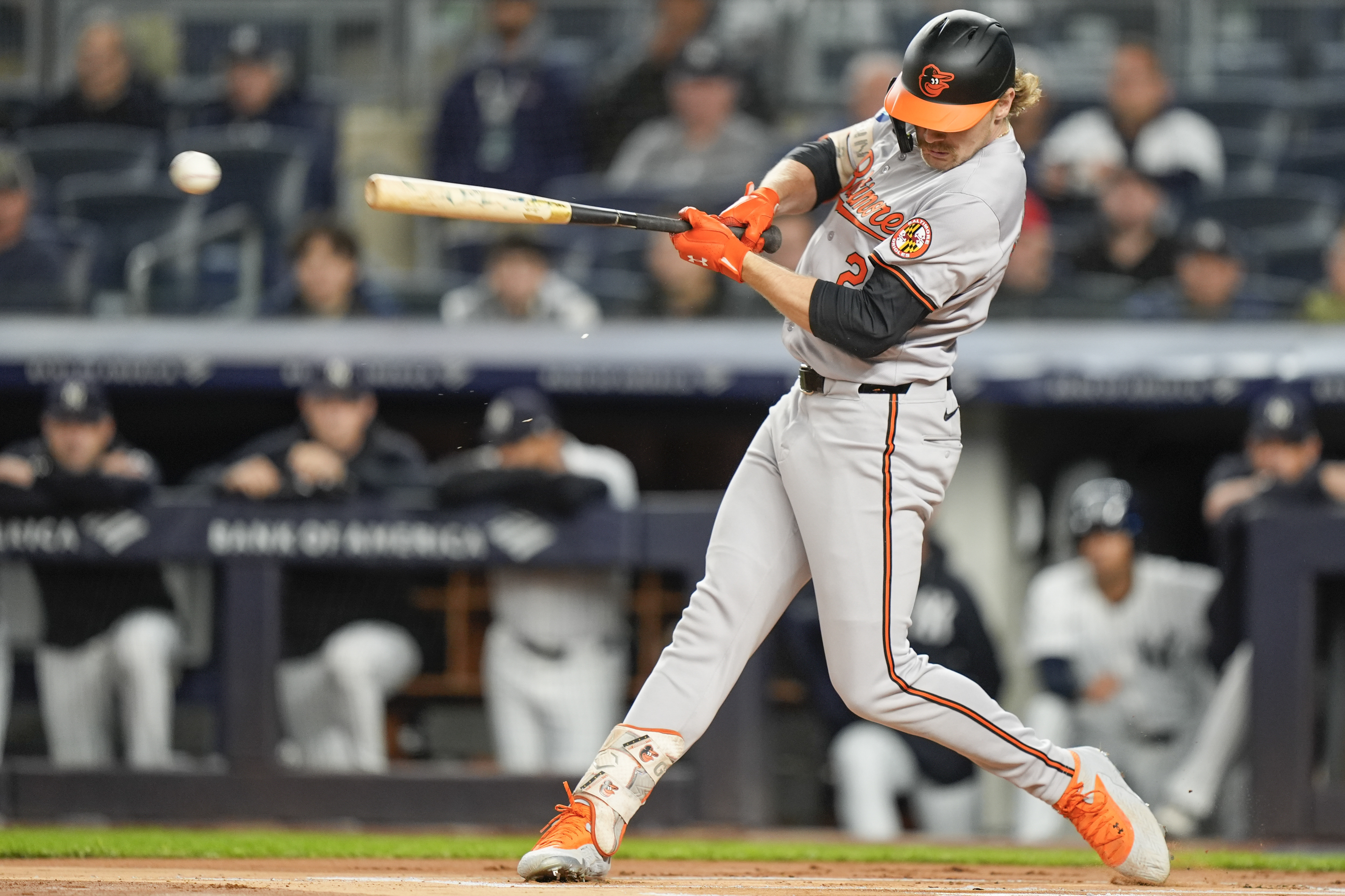 Baltimore Orioles' Gunnar Henderson hits a single during the first inning of a baseball game against the New York Yankees, Wednesday, Sept. 25, 2024, in New York.