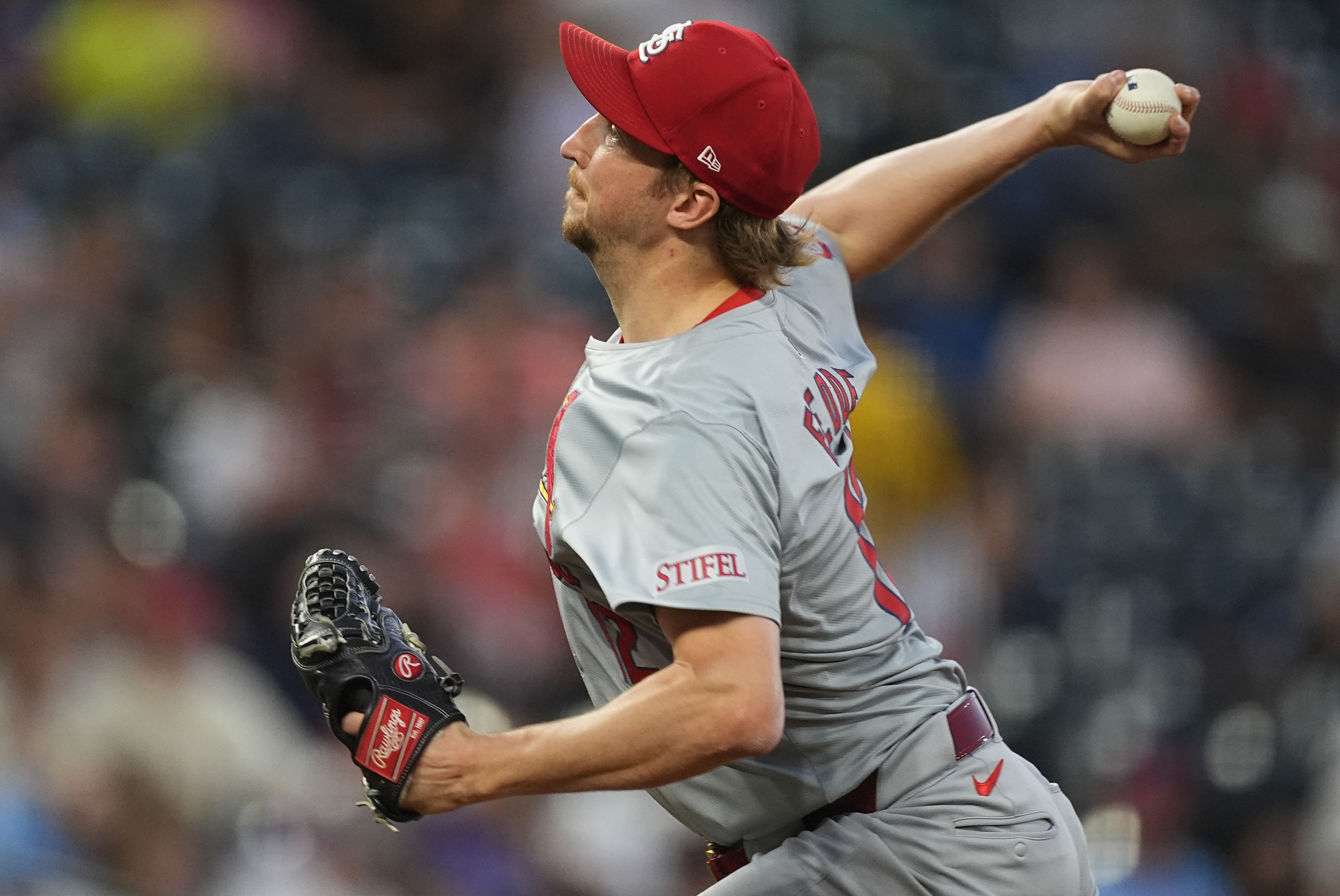 St. Louis Cardinals starting pitcher Erick Fedde works against the Colorado Rockies in the first inning of a baseball game Wednesday, Sept. 25, 2024, in Denver.