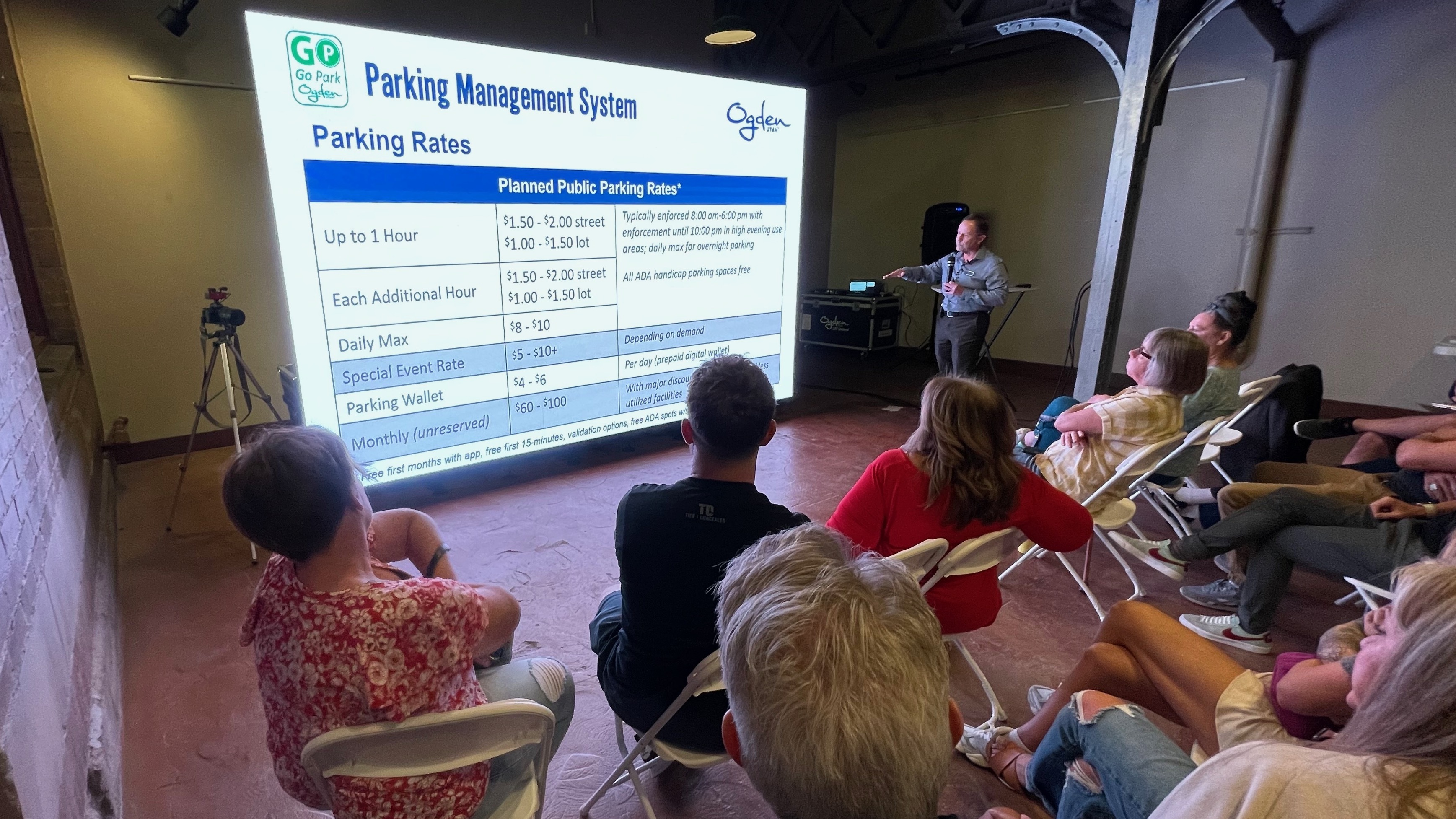 David Sawyer, standing, the deputy executive director of Ogden's Community and Economic Development Department, discusses controversial plans to implement paid parking in the downtown area at a meeting on Wednesday.