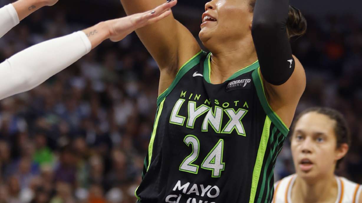 Minnesota Lynx forward Napheesa Collier (24) shoots against the Phoenix Mercury in the first quarter of Game 2 of a WNBA basketball first-round playoff game, Wednesday, Sept. 25, 2024, in Minneapolis.
