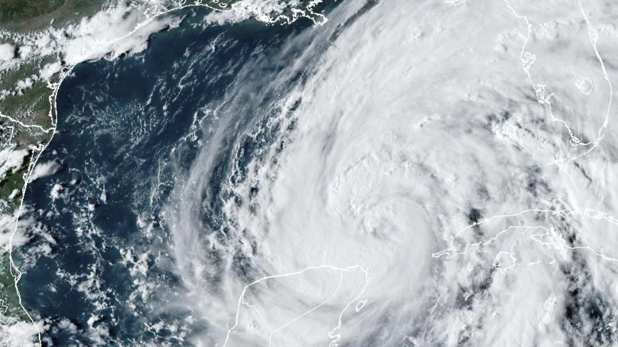 This satellite image shows Hurricane Helene in the Gulf of Mexico, Wednesday. Helene is advancing across the Gulf of Mexico toward Florida, and it's been upgraded to a Category 4 storm on Thursday.