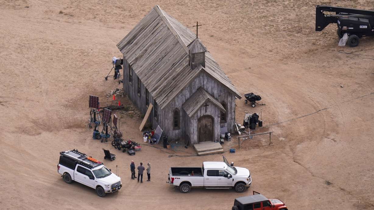 This aerial photo shows the movie set of "Rust," at Bonanza Creek Ranch, Oct. 23, 2021, in Santa Fe, N.M. A judge heard court arguments in the possible dismissal of a criminal conviction against a movie armorer.