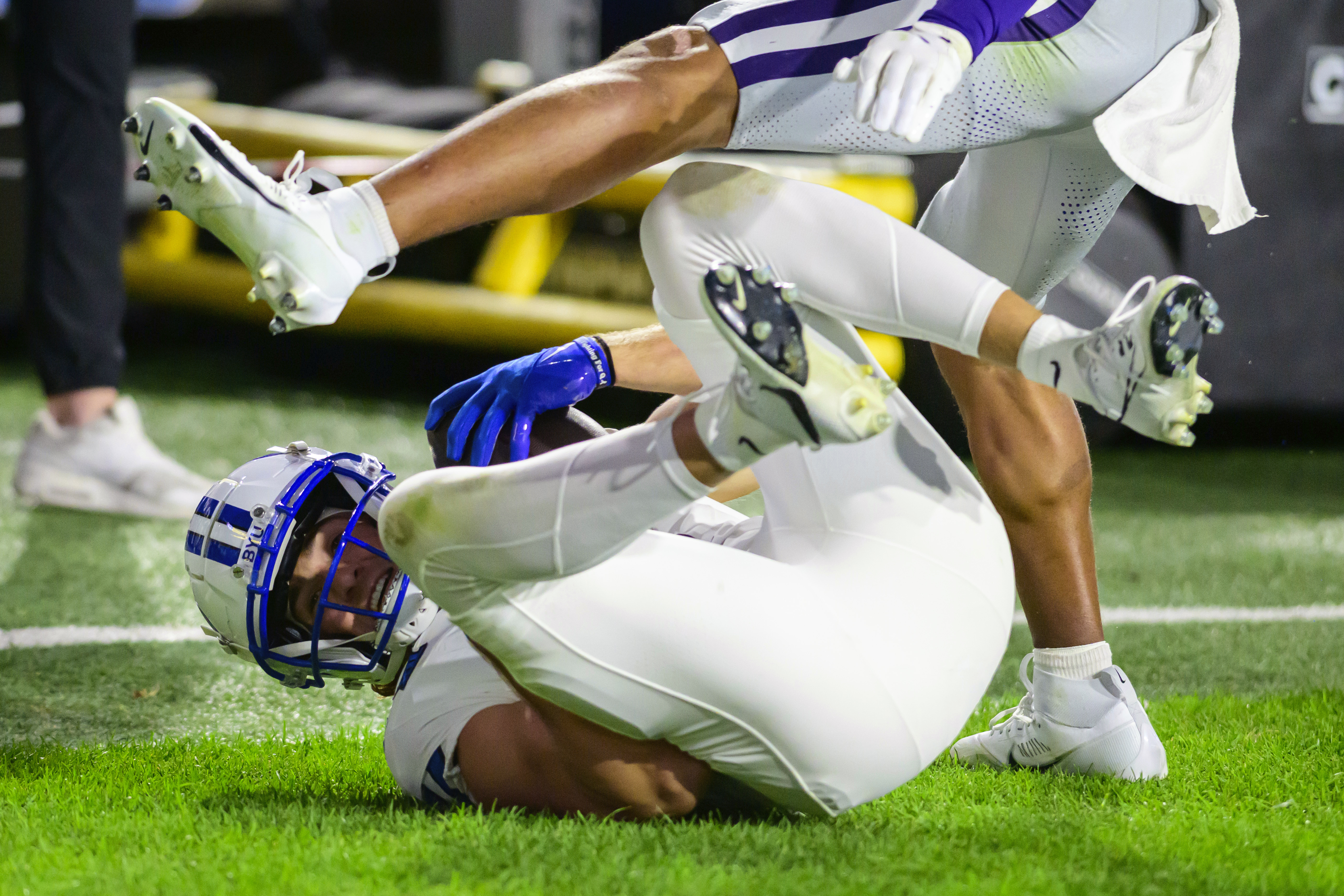 BYU wide receiver Chase Roberts, bottom, makes the diving catch for a touchdown during an NCAA college football game against Kansas State, Saturday, Sept. 21, 2024, in Provo, Utah. 