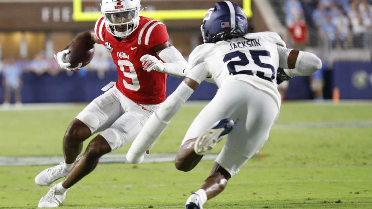 Mississippi wide receiver Tre Harris III (9) dodges Georgia Southern defensive back Ayden Jackson (25) while running the ball during the first half of an NCAA college football game, Saturday, Sept. 21, 2024, in Oxford, Miss.