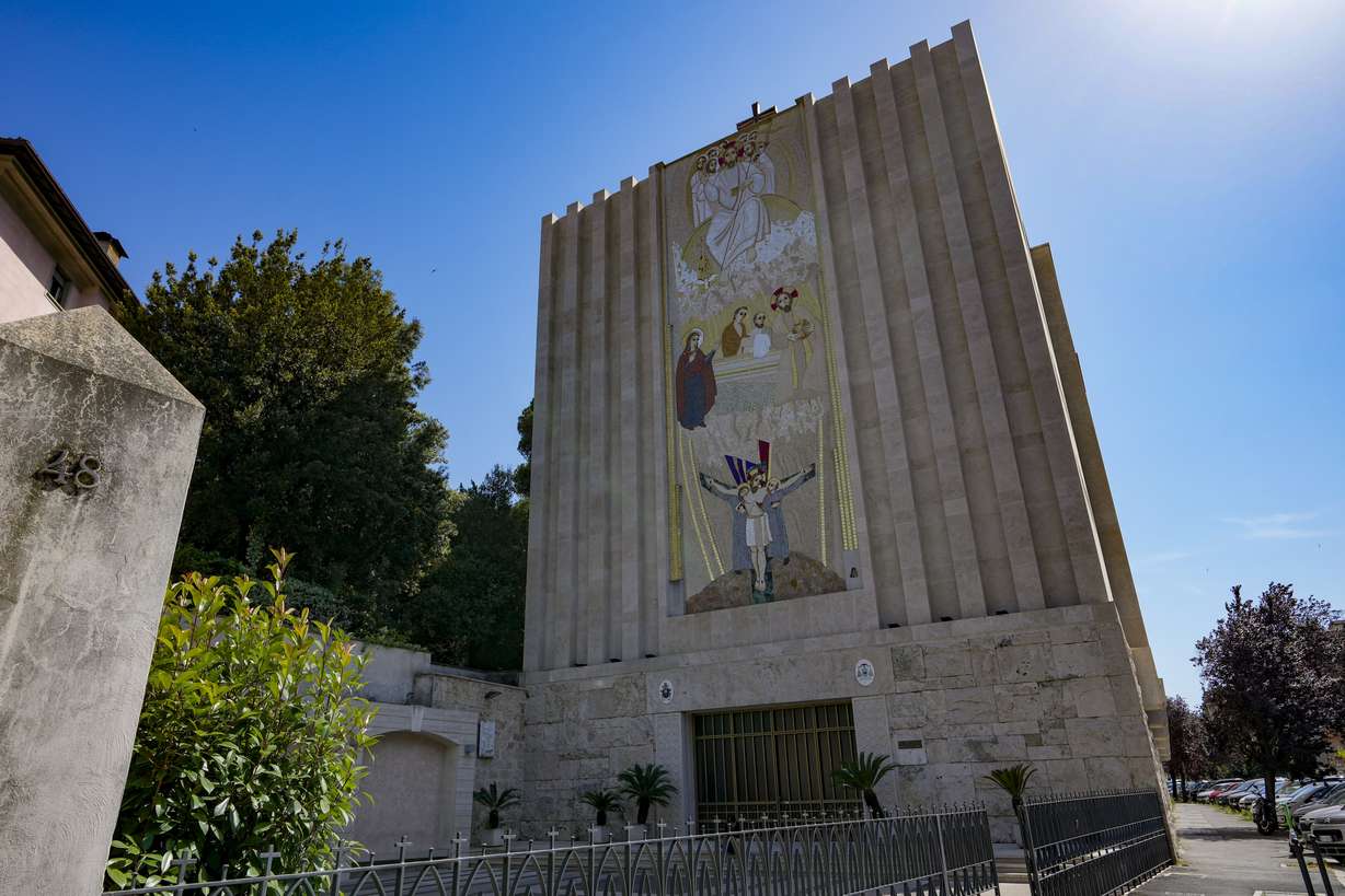 A mosaic by ex-Jesuit artist Marko Rupnik is seen on the main facade of the Church of Our Lady of the Canadian Martyrs, June 28, 2024, in Rome. Rupnik's artwork was removed from the Vatican News website recently.