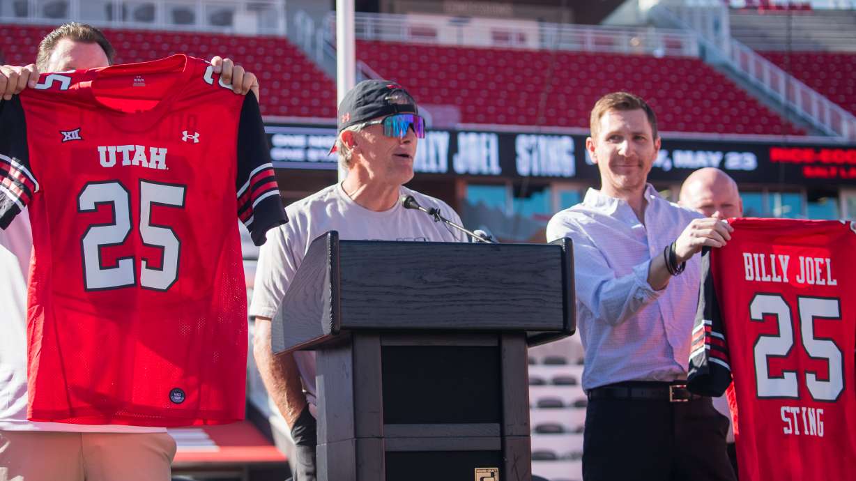 Utah football coach Kyle Whittingham talks about his excitement that Billy Joel will play in Utah during a press announcement at Rice-Eccles Stadium on Thursday. Billy Joel and String will play at the stadium next year.