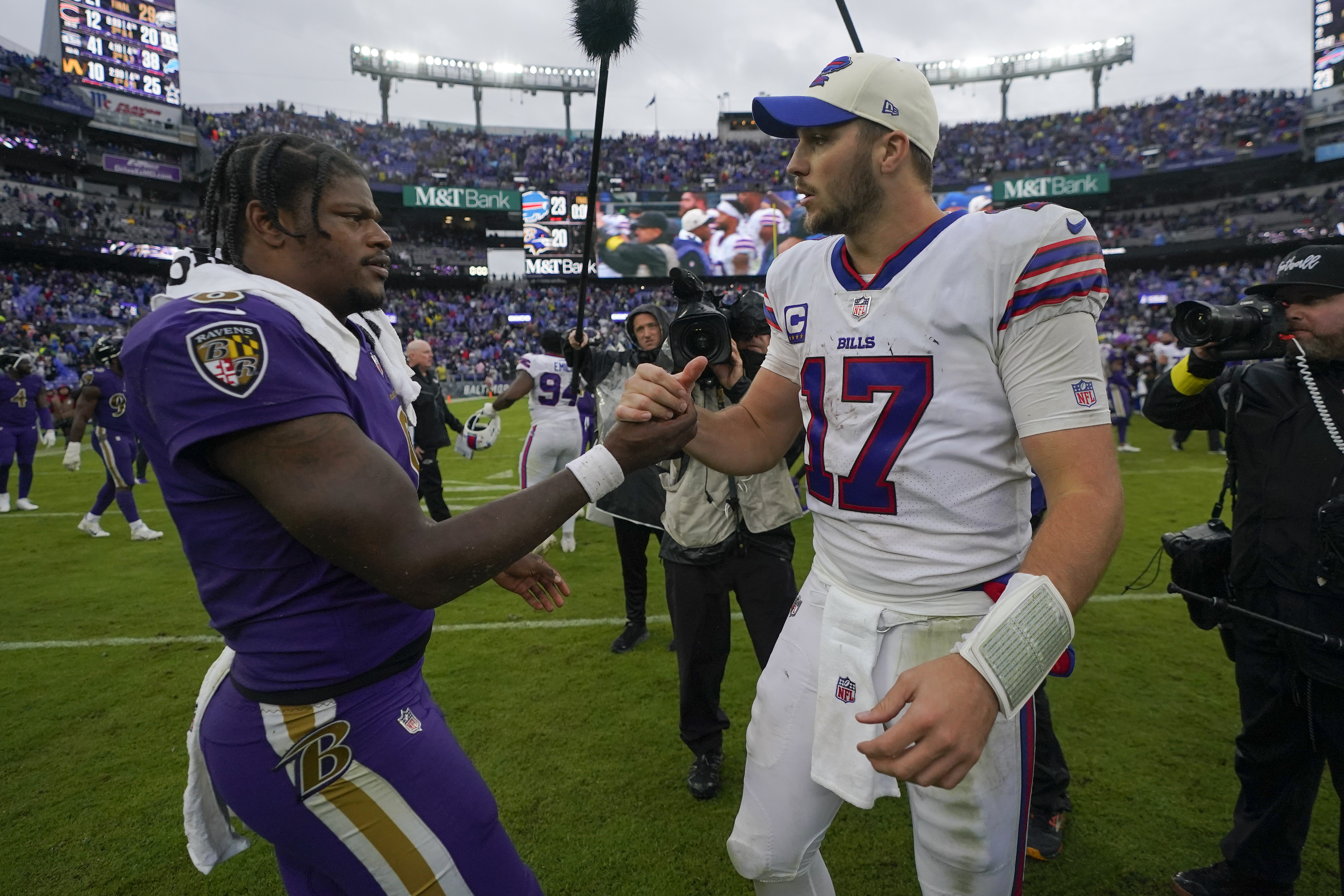 FILE - Baltimore Ravens quarterback Lamar Jackson, left, and Buffalo Bills quarterback Josh Allen (17) shake hands after an NFL football game Sunday, Oct. 2, 2022, in Baltimore. 