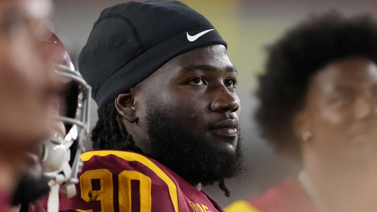FILE - Southern California defensive tackle Bear Alexander stands on the sideline during the second half of an NCAA college football game against Utah State in Los Angeles, Sept. 7, 2024.
