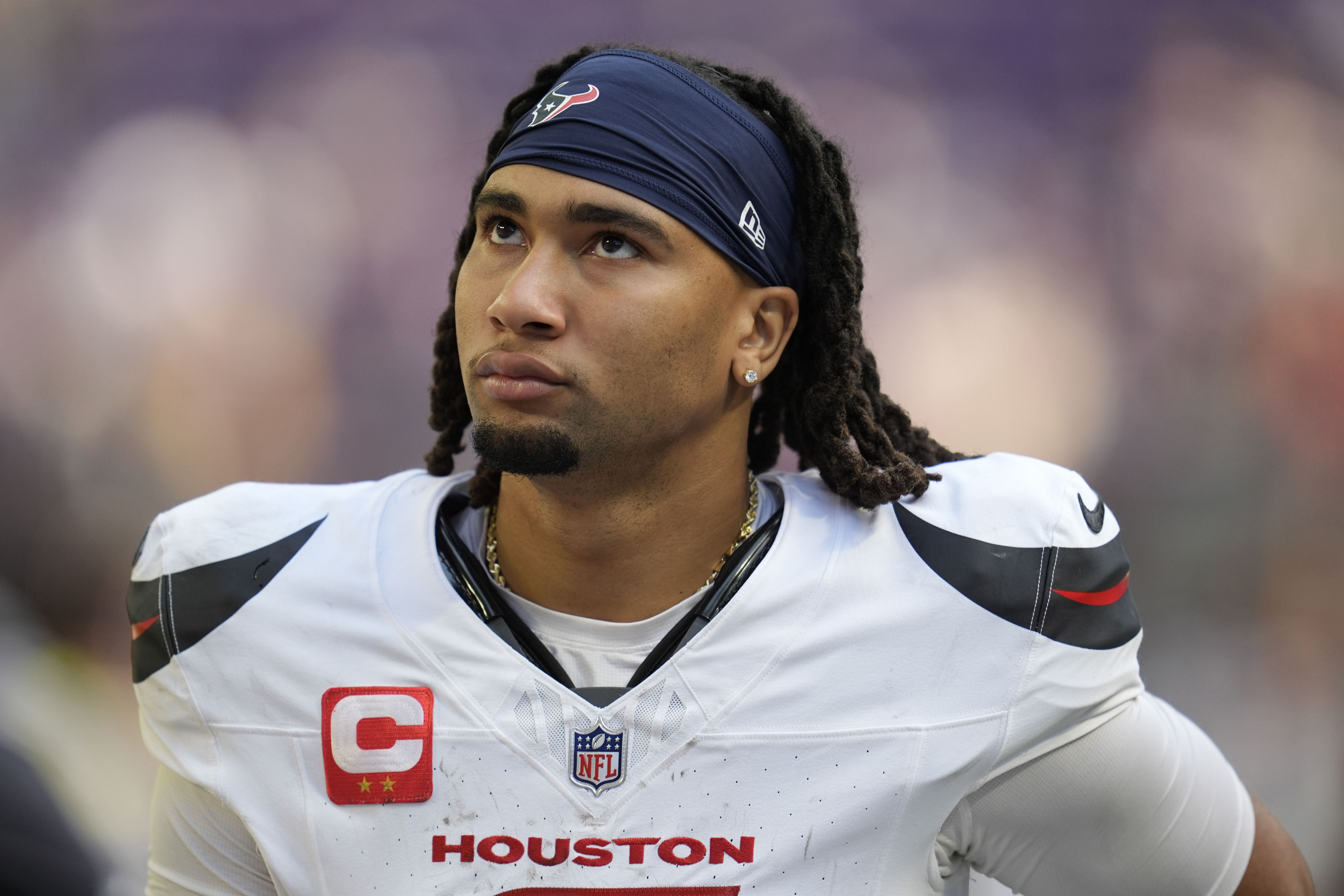Houston Texans quarterback C.J. Stroud (7) walks off the field after an NFL football game against the Minnesota Vikings, Sunday, Sept. 22, 2024, in Minneapolis. The Vikings won 34-7. 