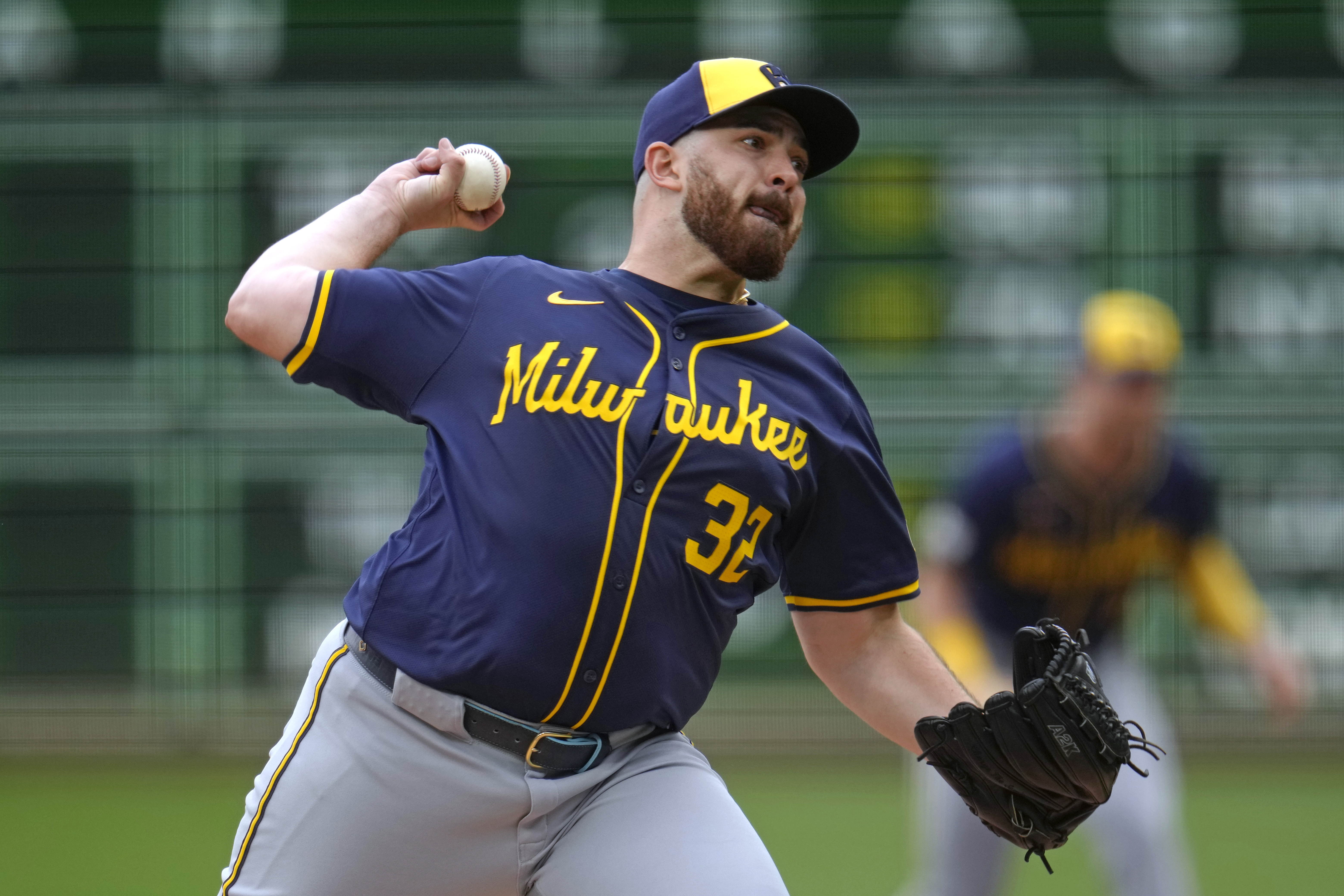 Milwaukee Brewers starting pitcher Aaron Civale delivers during the second inning of a baseball game against the Pittsburgh Pirates in Pittsburgh, Thursday, Sept. 26, 2024. 