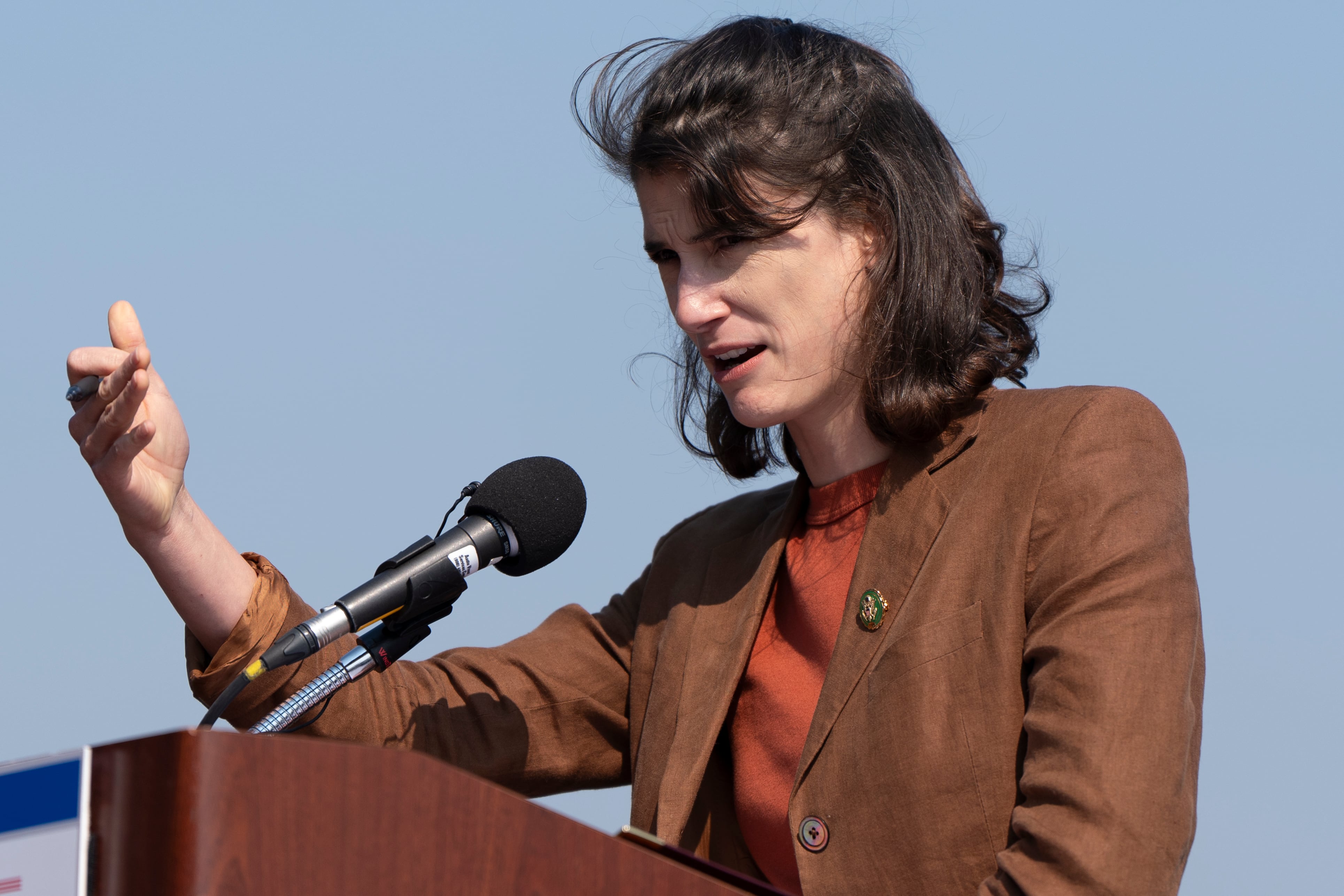 Rep. Marie Gluesenkamp Perez, D-Wash., speaks during a news conference about the Interstate 5 bridge that spans the Columbia River and connects Portland, Ore., with southwest Washington state, on Aug. 8, in Portland, Ore.