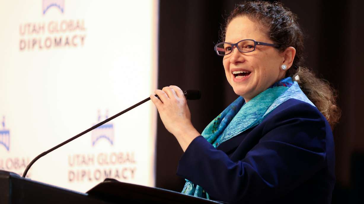 University of Michigan Law School professor Karina Bennoune speaks at the second annual Bridging Religious Divides Symposium at the Utah Cultural Celebration Center in West Valley City on Thursday.