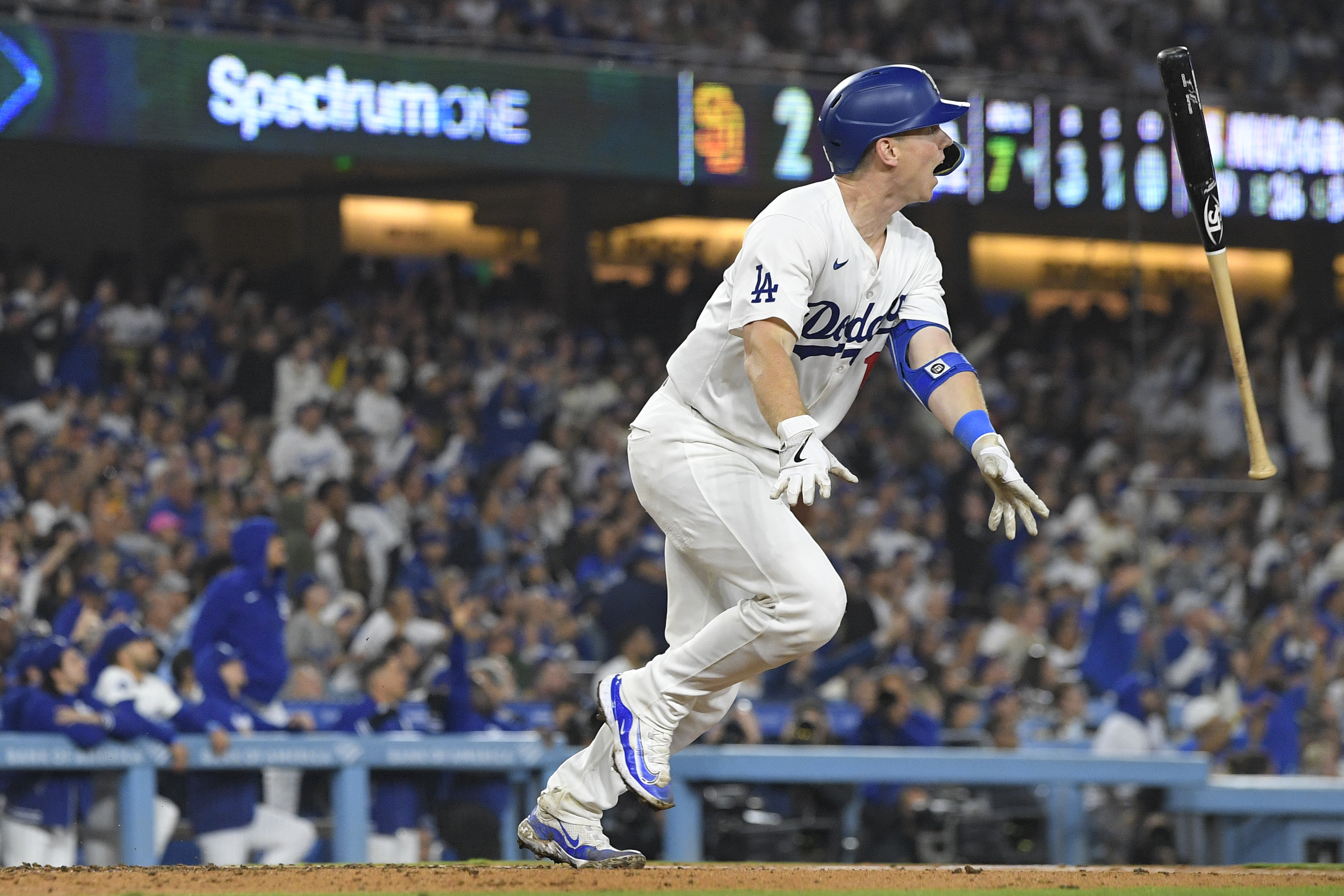 Los Angeles Dodgers' Will Smith watches his two-run home run during the seventh inning of a baseball game against the San Diego Padres, Thursday, Sept. 26, 2024, in Los Angeles.