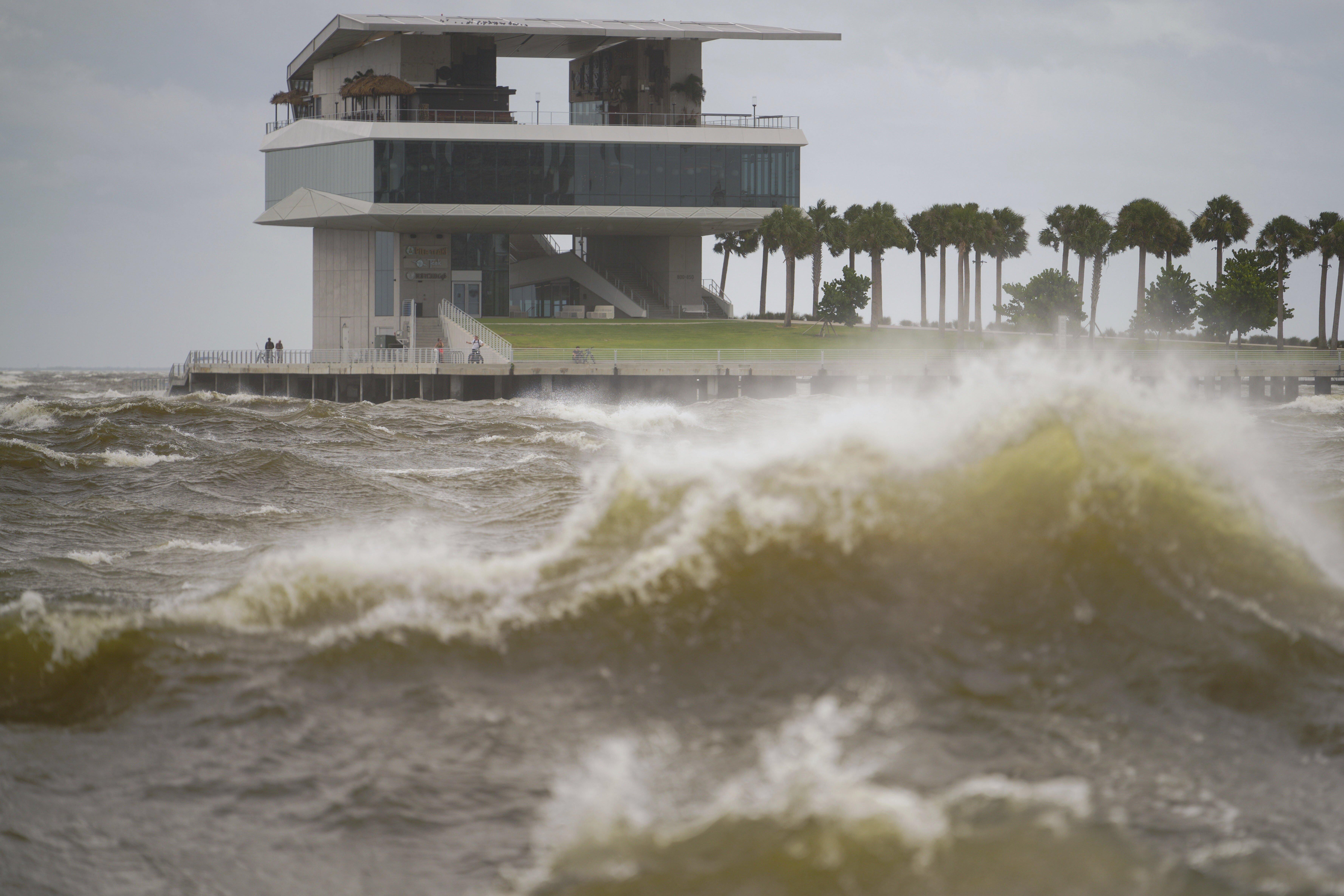 The St. Pete Pier is pictured among high winds and waves as Hurricane Helene makes its way toward the Florida panhandle, passing west of Tampa Bay, Thursday, in St. Petersburg, Fla. Helene roared ashore in a sparsely populated region of Florida as a powerful Category 4 storm.