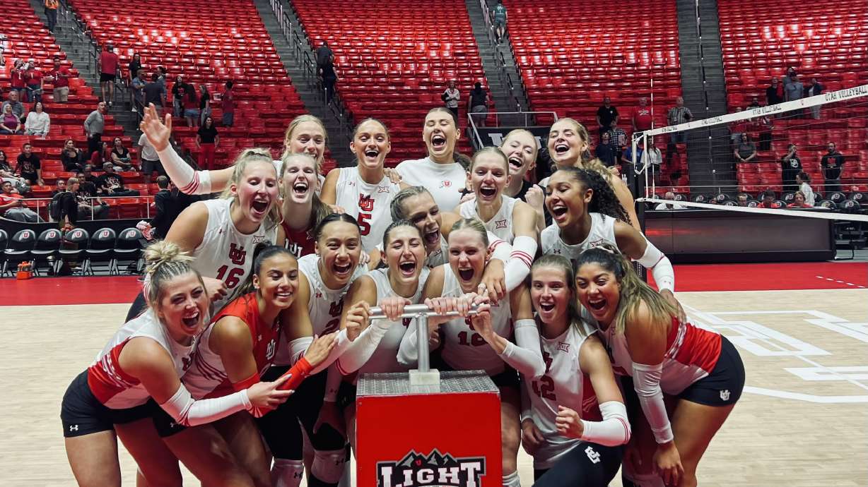 Utah volleyball celebrate after a big win over Texas Tech at the Huntsman Center on Sept. 26, 2024.