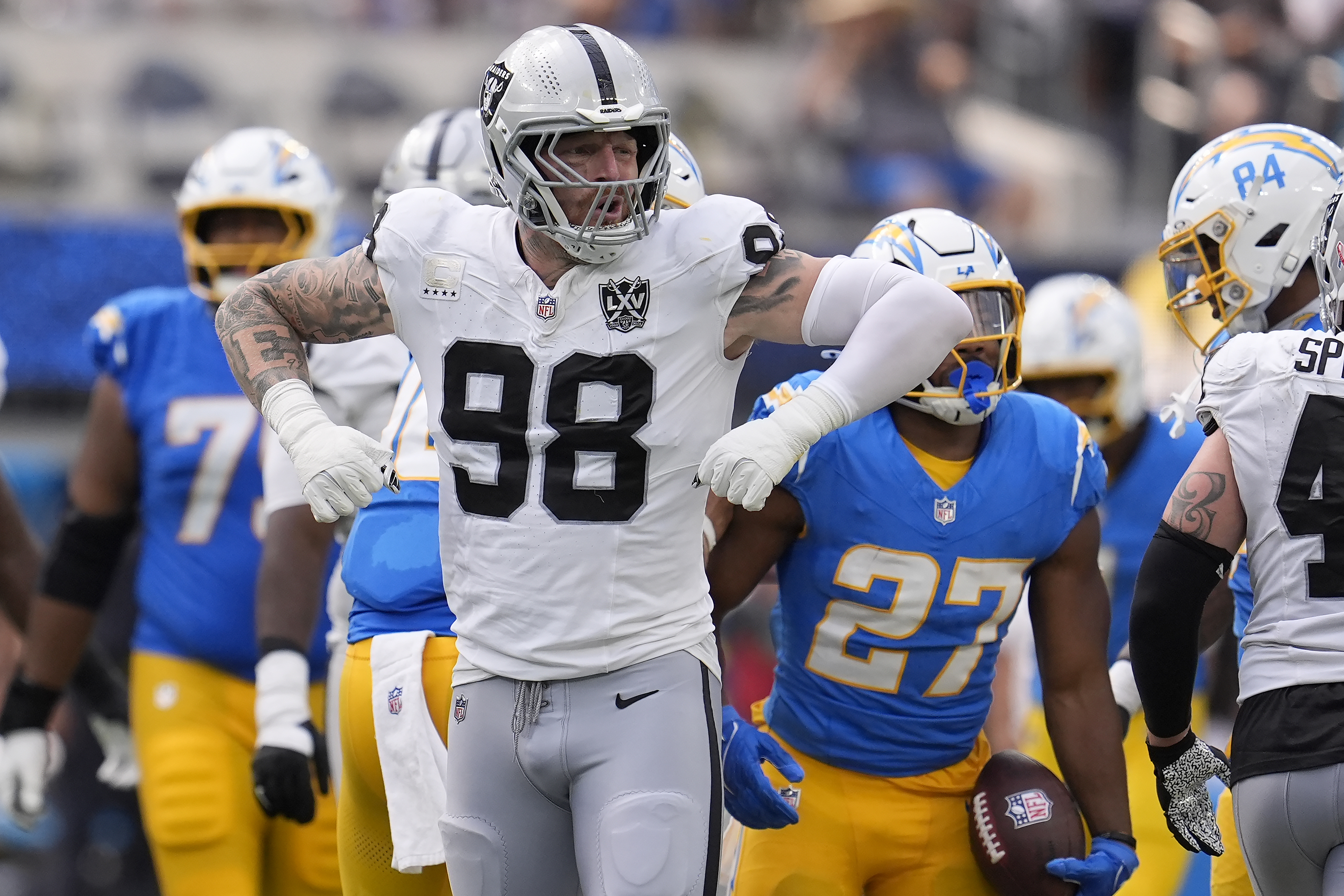 Las Vegas Raiders defensive end Maxx Crosby (98) reacts against the Los Angeles Chargers during the second half of an NFL football game, Sunday, Sept. 8, 2024, in Inglewood, Calif. 