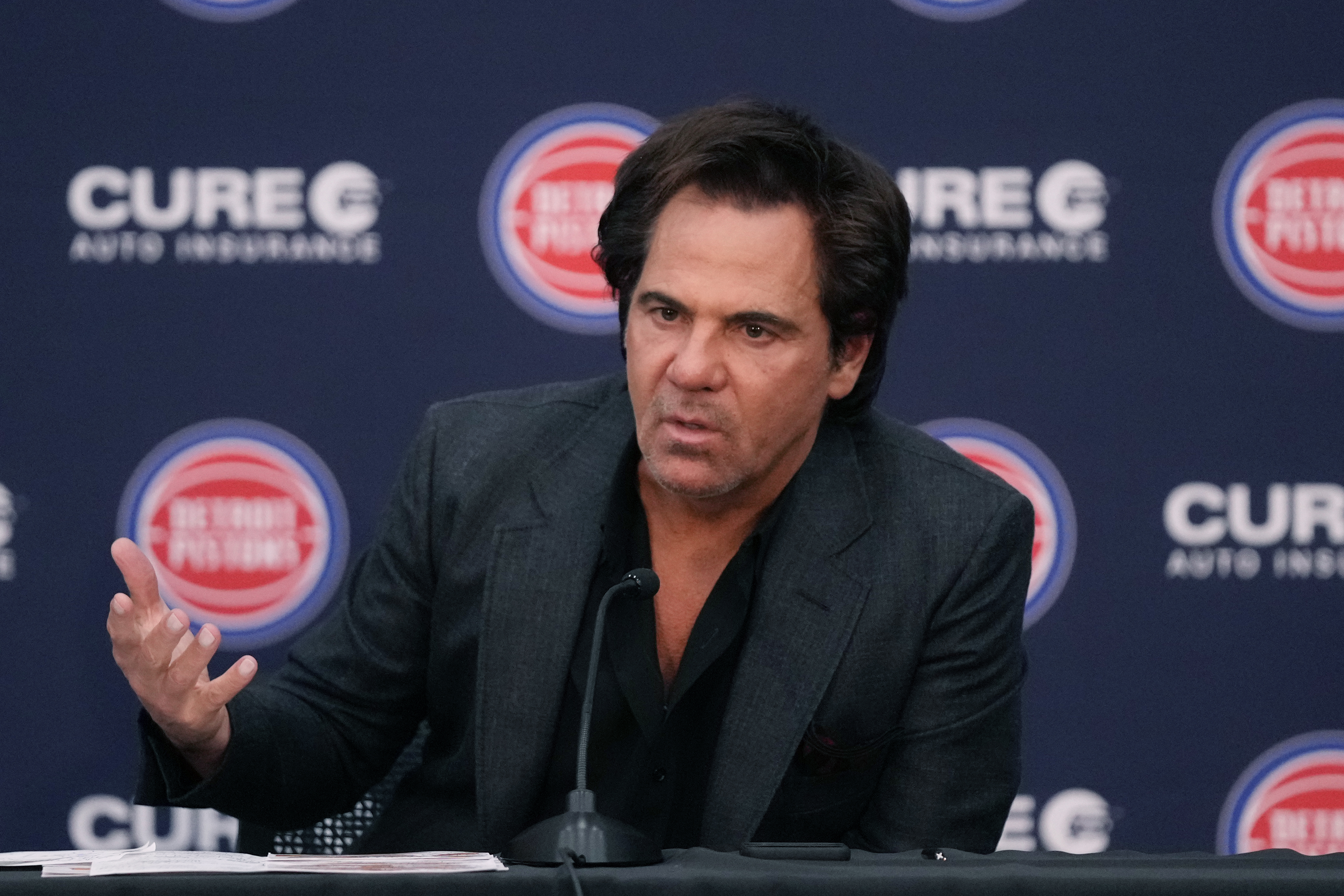 FILE - Detroit Pistons owner Tom Gores addresses the media after Monty Williams was introduced as the team's new head basketball coach during a news conference, June 13, 2023, in Detroit. 