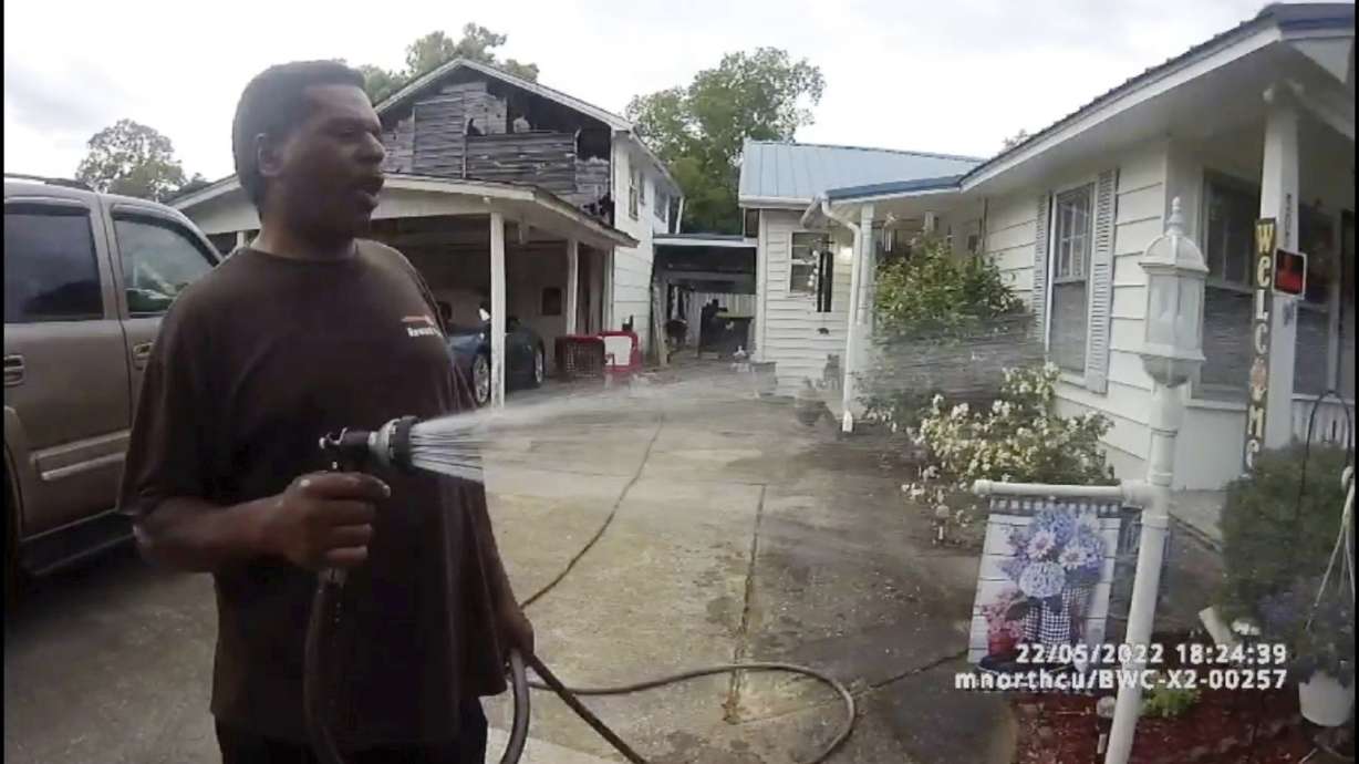 This image captured from bodycam video shows Michael Jennings before being placed in handcuffs in Childersburg, Ala., May 22, 2022. An appellate court ruled Jennings can sue the arresting officers.