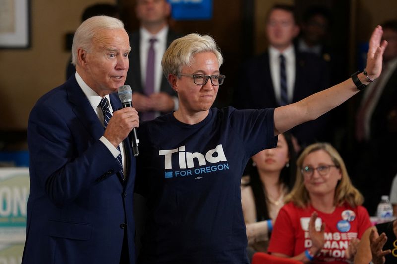 Then-President Joe Biden and then-Democratic gubernatorial candidate Tina Kotek in Portland, Ore., Oct. 14, 2022. Kotek criticized President Donald Trump's deployment of military troops to Portland on Saturday.