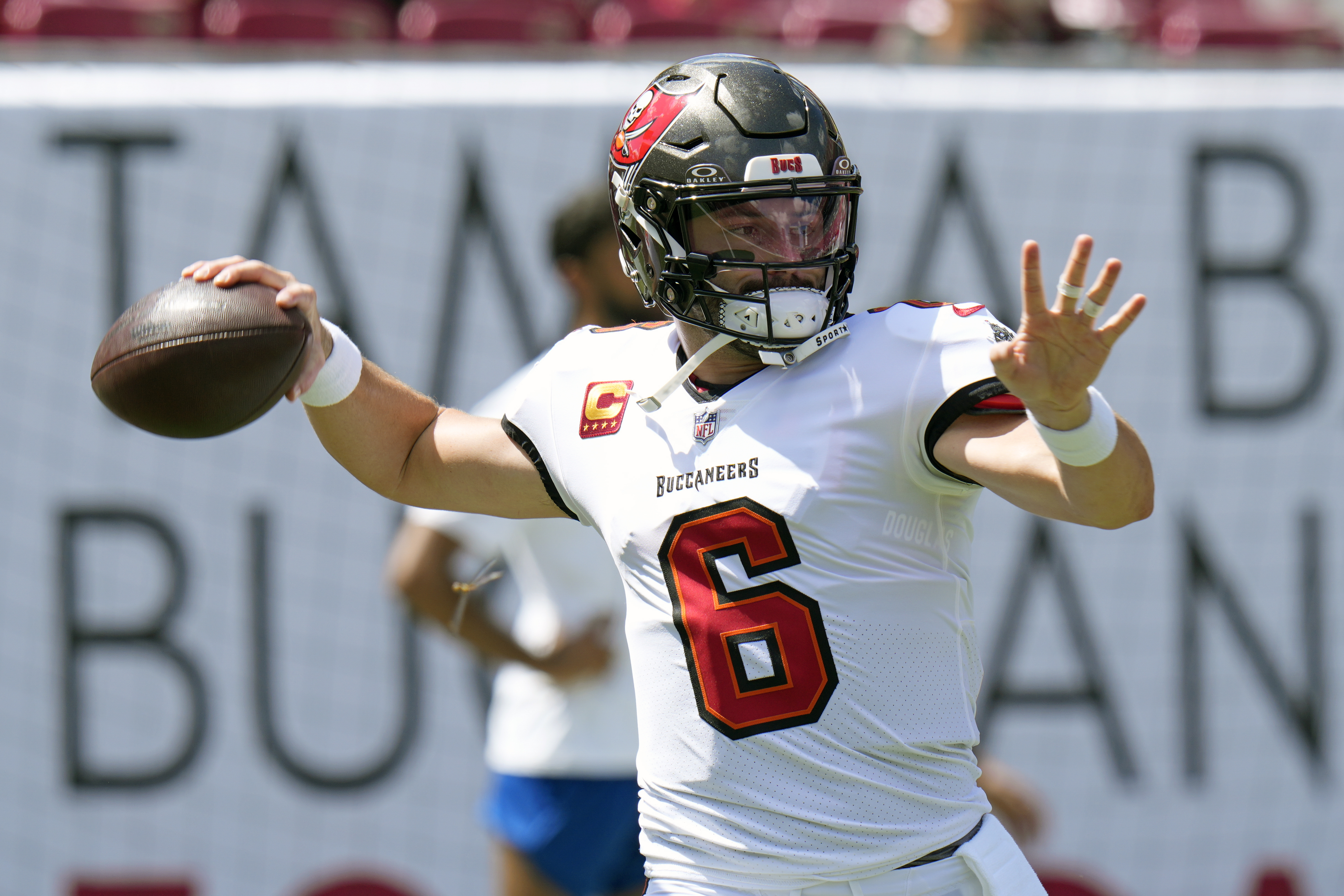 Tampa Bay Buccaneers quarterback Baker Mayfield warms up before an NFL football game against the Denver Broncos in Tampa, Fla., on Sunday, Sept. 22, 2024. 