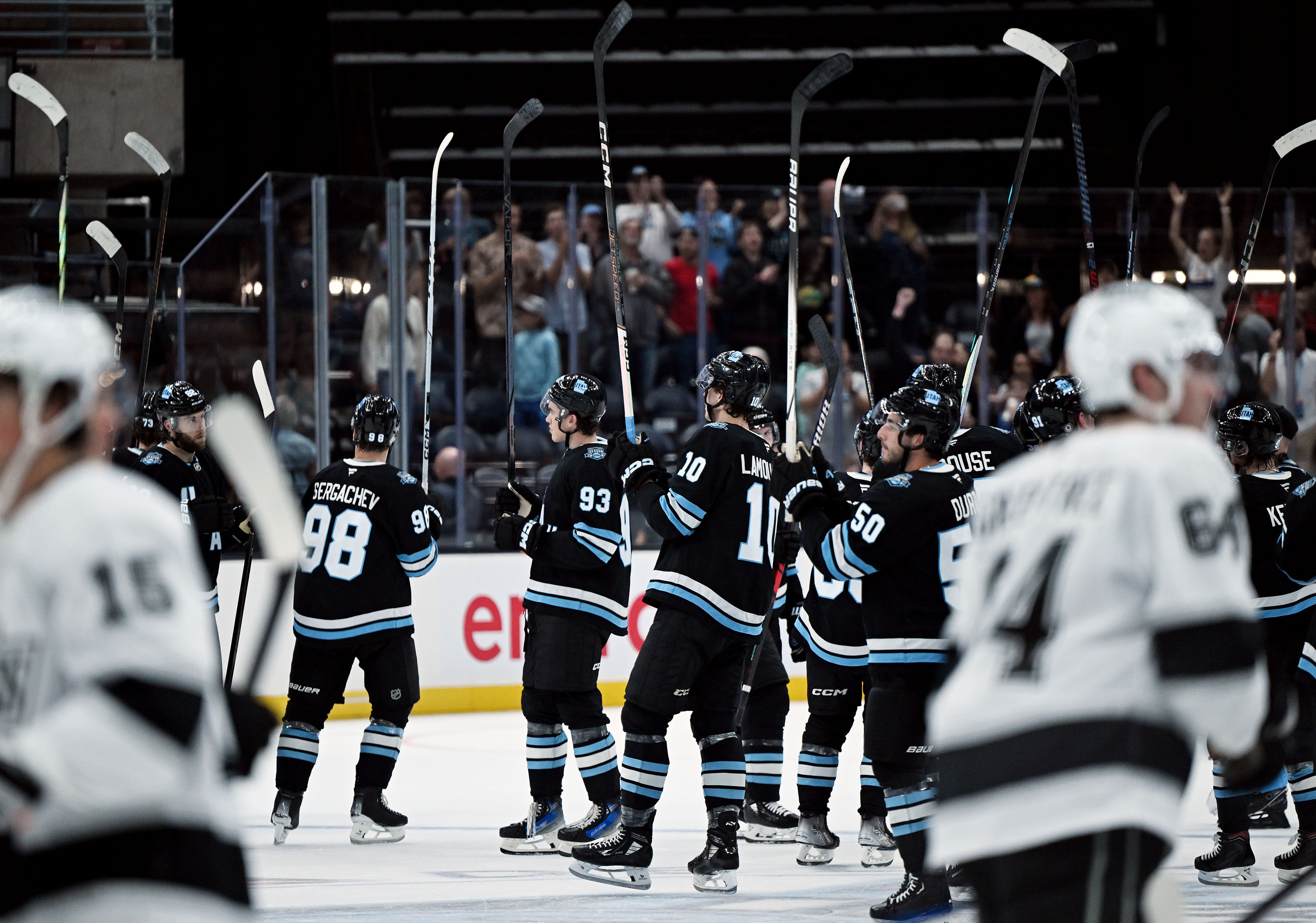 The Utah Hockey Club acknowledges fans after a win against the Los Angeles Kings at the Delta Center in Salt Lake City on Monday. Salt Lake City could vote Tuesday to finalize a renovation plan for the area.