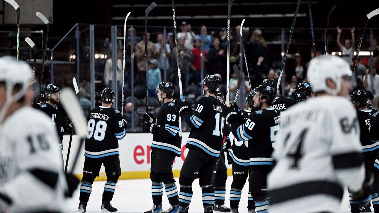 The Utah Hockey Club acknowledges fans after a win against the Los Angeles Kings at the Delta Center in Salt Lake City on Monday. Salt Lake City could vote Tuesday to finalize a renovation plan for the area.