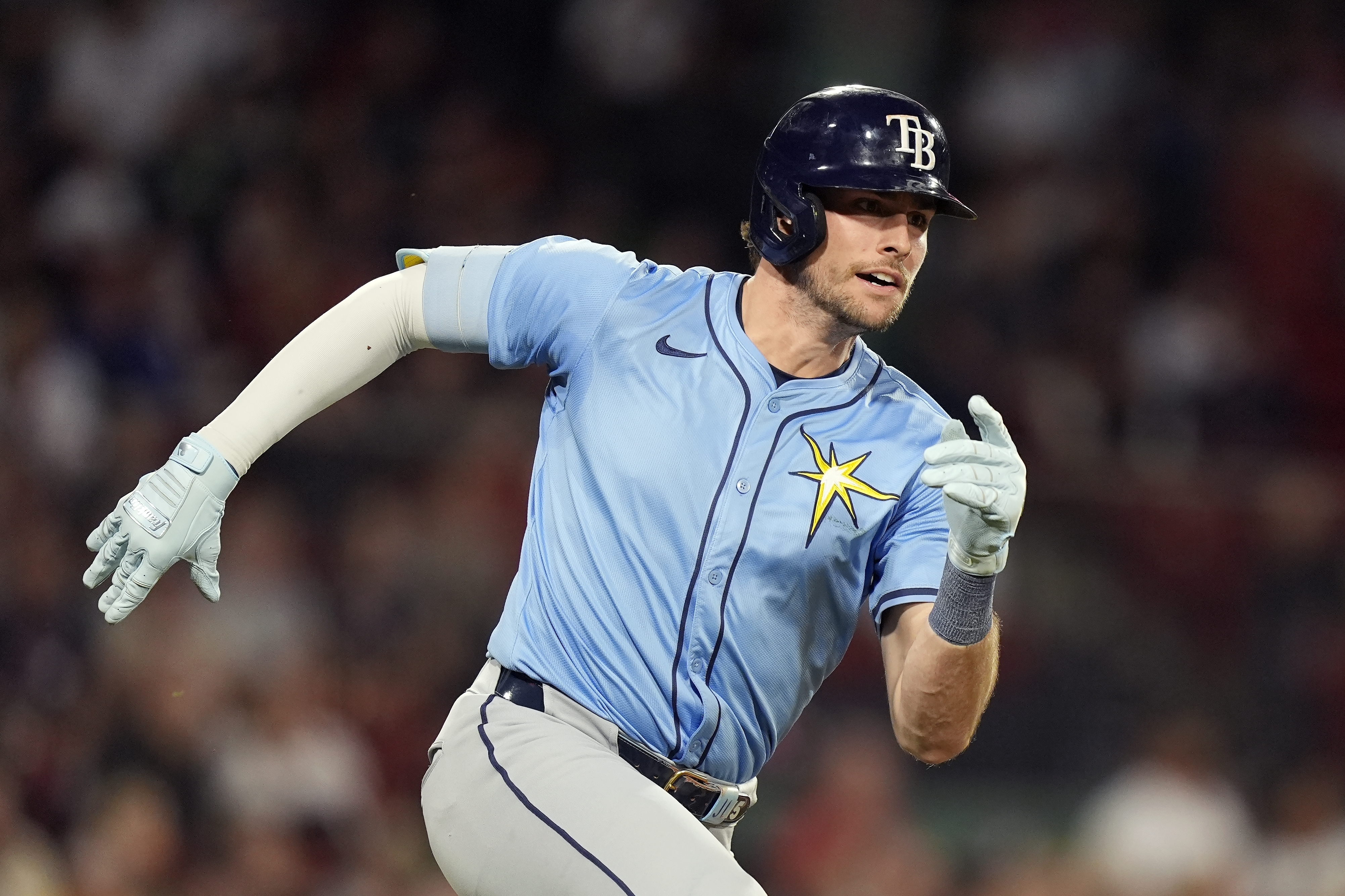 Tampa Bay Rays' Josh Lowe runs on his RBI double during the seventh inning of a baseball game against the Boston Red Sox, Friday, Sept. 27, 2024, in Boston.