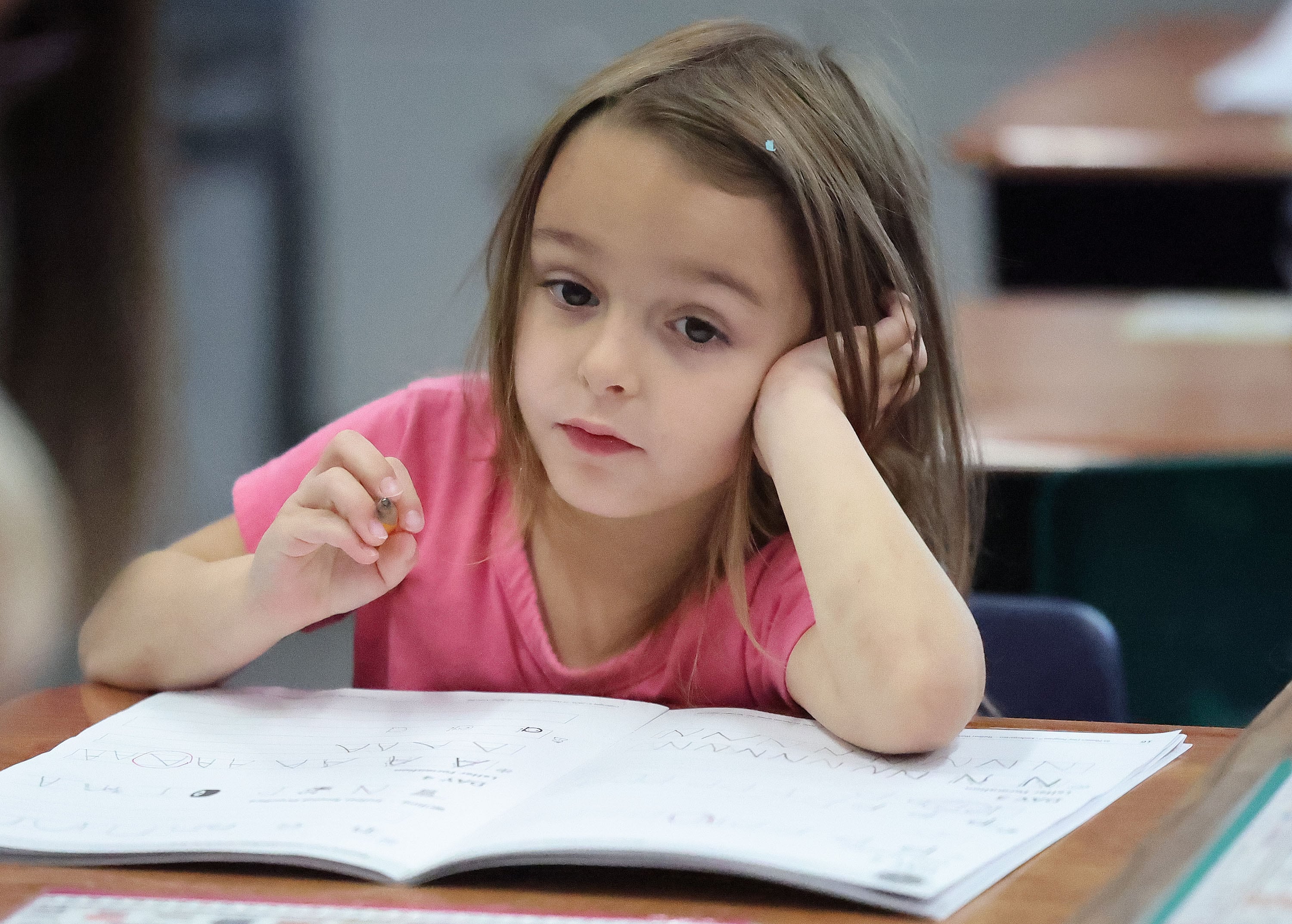 Bella Vista Elementary kindergarten student Emily Boren works in class in Cottonwood Heights on Tuesday.