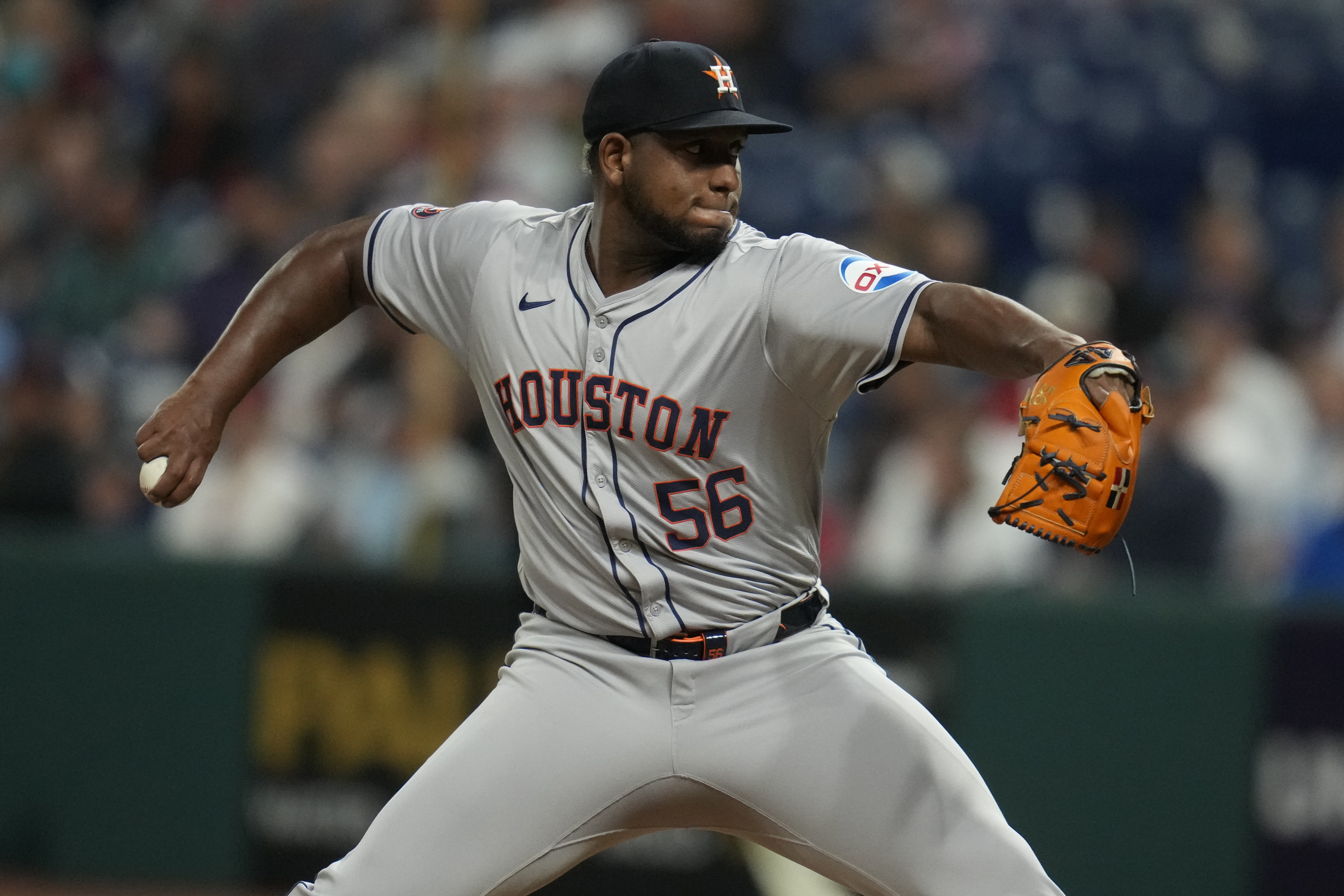 Houston Astros' Ronel Blanco pitches in the first inning of a baseball game against the Cleveland Guardians in Cleveland, Friday, Sept. 27, 2024.