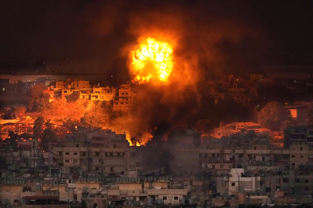 Flames rise after an Israeli airstrike in the southern suburbs of Beirut, Lebanon, Saturday.