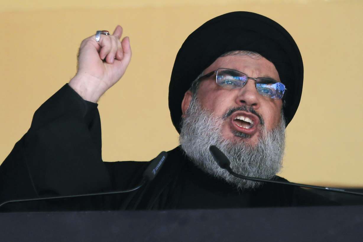 In this Oct. 24, 2015 photo, Hezbollah leader Sheik Hassan Nasrallah addresses a crowd during the holy day of Ashoura, in a southern suburb of Beirut, Lebanon.