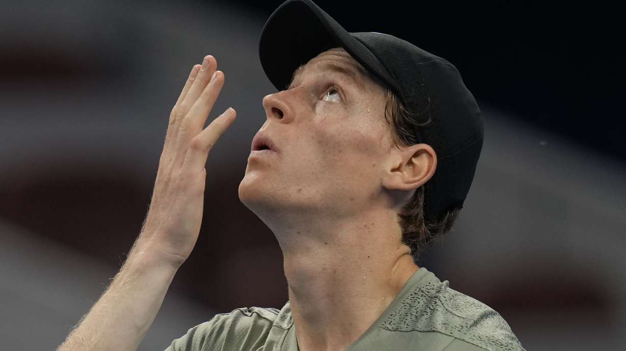 FILE - Italy's Jannick Sinner gestures after defeating Chile's Nicolas Jarry during the China Open tennis tournament held at the National Tennis Center in Beijing, Thursday, Sept. 26, 2024.