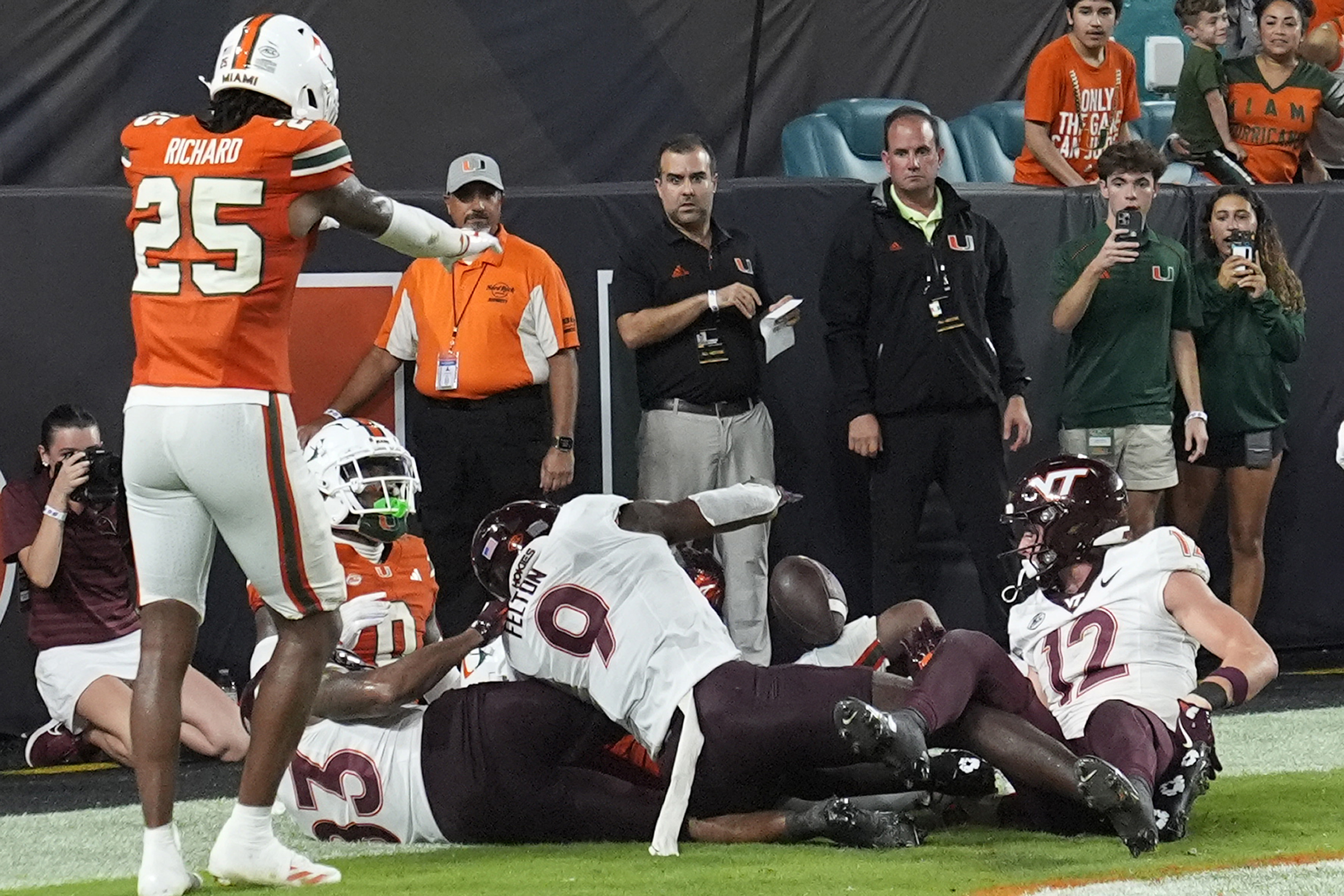 Virginia Tech wide receiver Da'Quan Felton (9) drops the ball after a last minute pass in the endzone during the second half of an NCAA college football game against Miami, Friday, Sept. 27, 2024, in Miami Gardens, Fla. 
