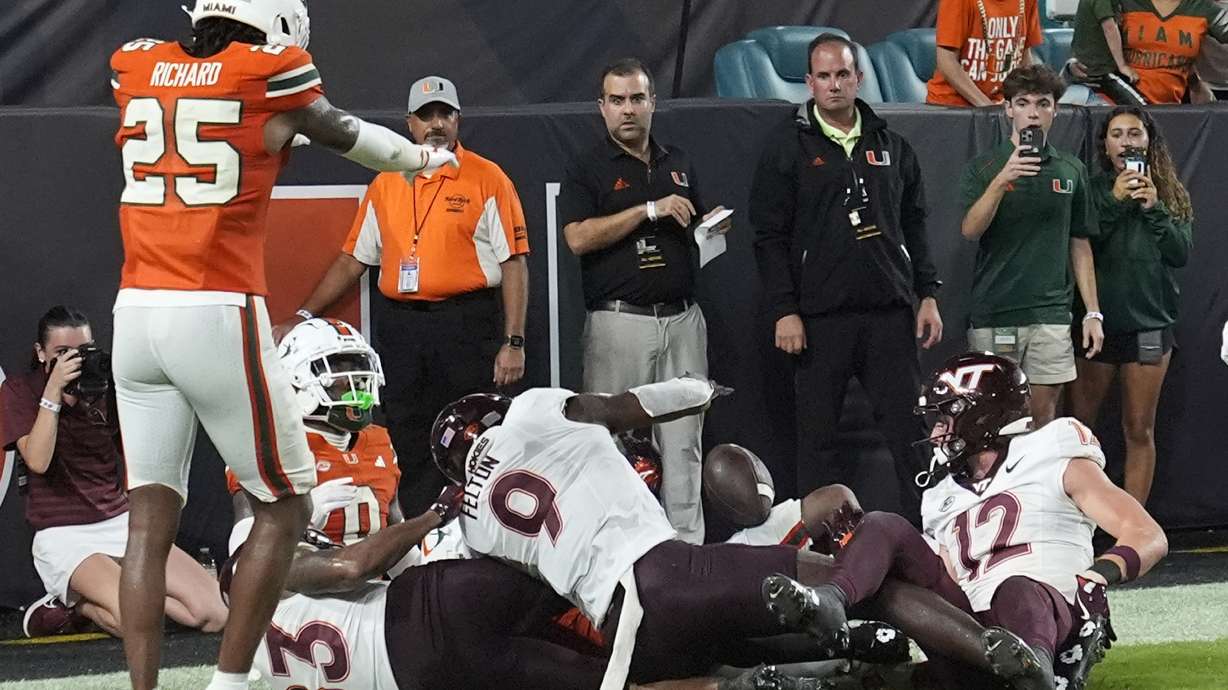 Virginia Tech wide receiver Da'Quan Felton (9) drops the ball after a last minute pass in the endzone during the second half of an NCAA college football game against Miami, Friday, Sept. 27, 2024, in Miami Gardens, Fla.