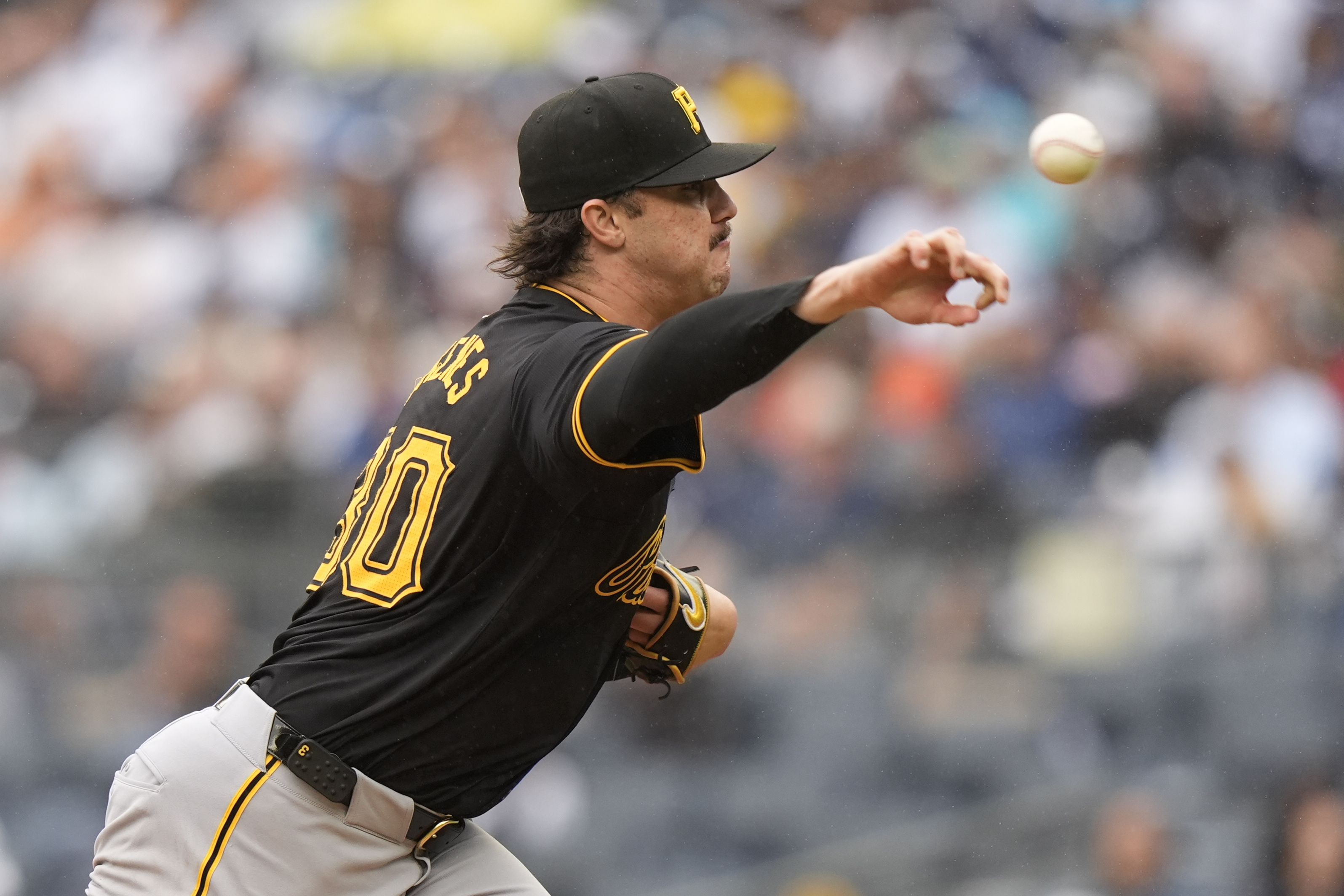 Pittsburgh Pirates' Paul Skenes pitches during the first inning of a baseball game against the New York Yankees, Saturday, Sept. 28, 2024, in New York. 
