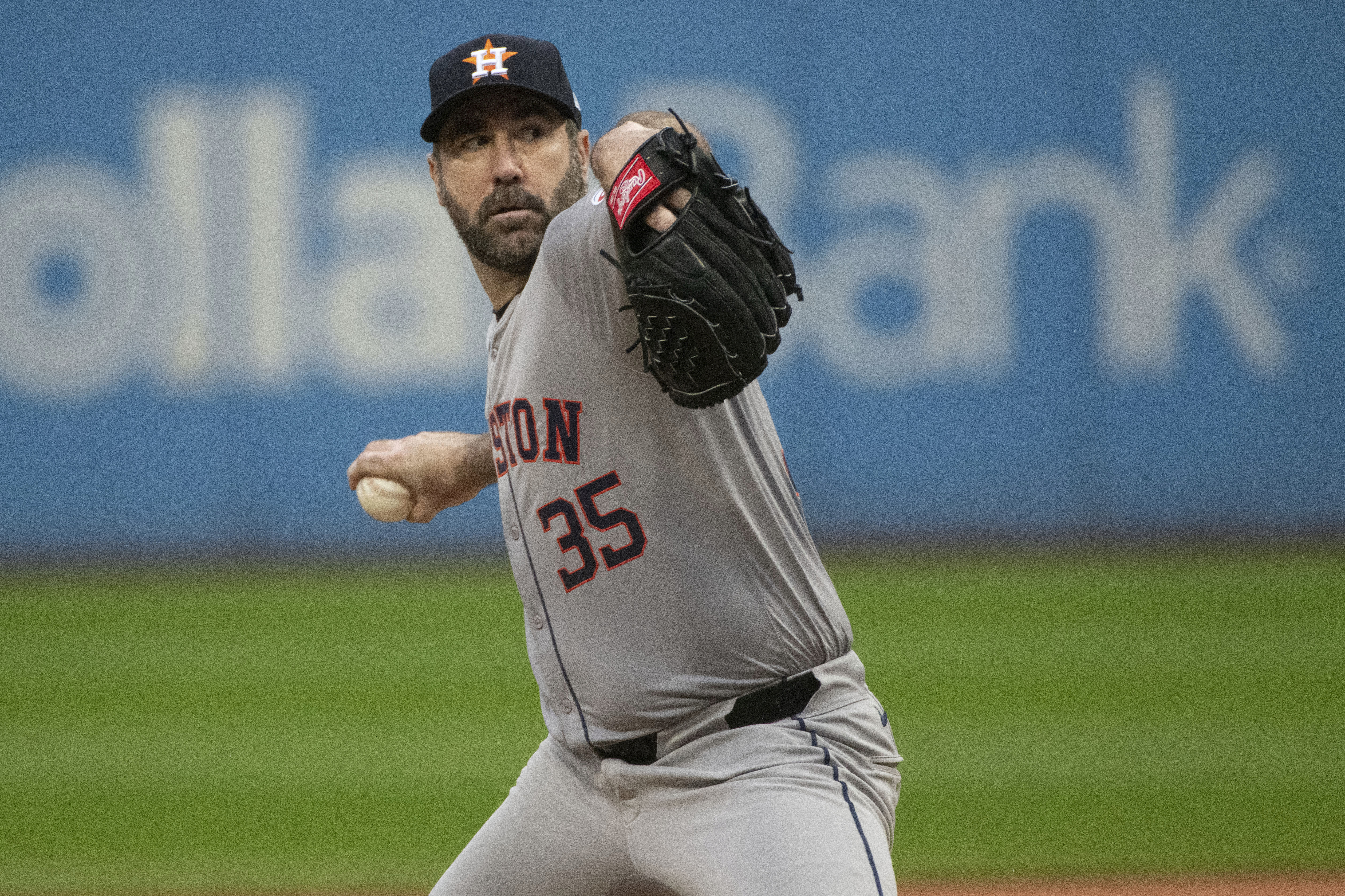 Houston Astros starting pitcher Justin Verlander delivers against the Cleveland Guardians during the first inning of a baseball game in Cleveland, Saturday, Sept. 28, 2024. 