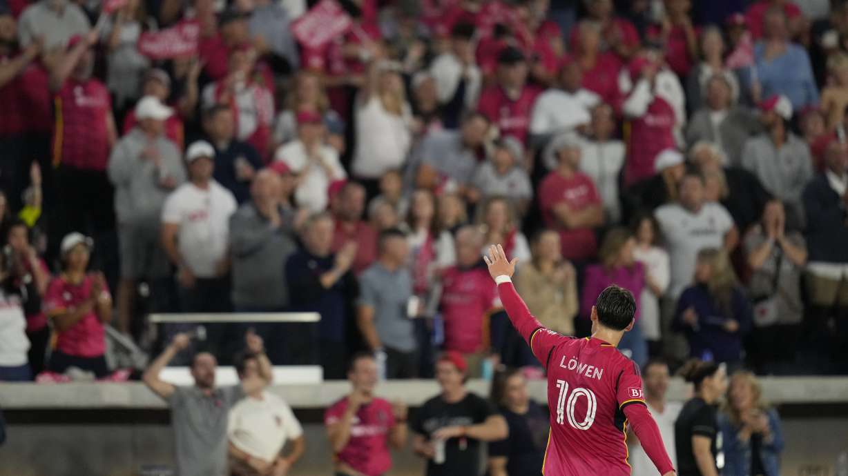 St. Louis City's Eduard Löwen (10) celebrates after scoring during the second half of an MLS soccer match against Sporting Kansas City Saturday, Sept. 28, 2024, in St. Louis.