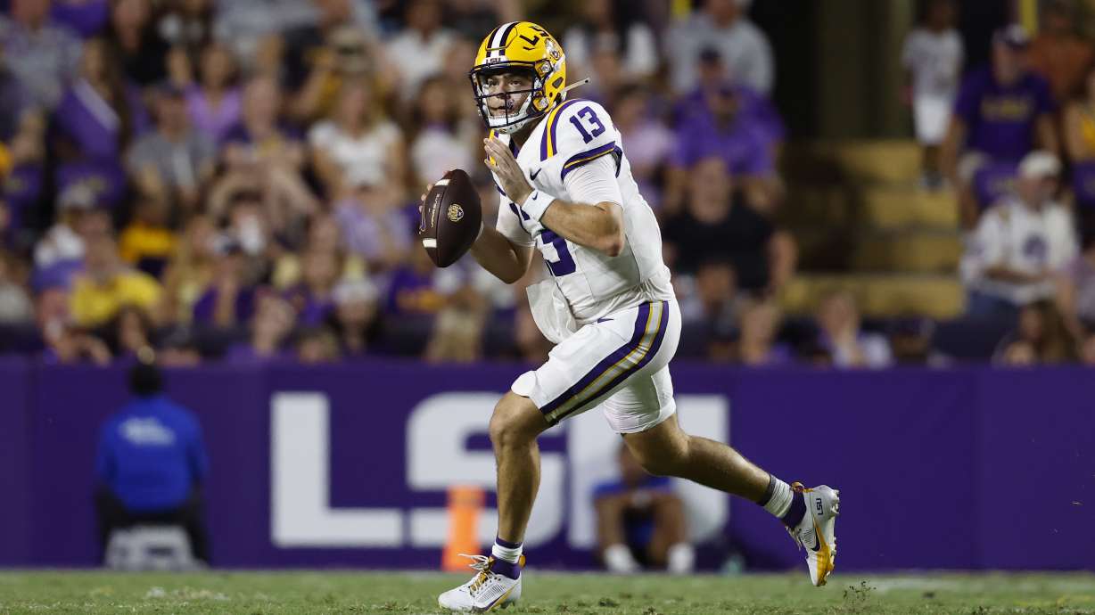 LSU quarterback Garrett Nussmeier (13) looks to pass during the first half of an NCAA college football game against South Alabama in Baton Rouge, La., Saturday, Sept. 28, 2024.