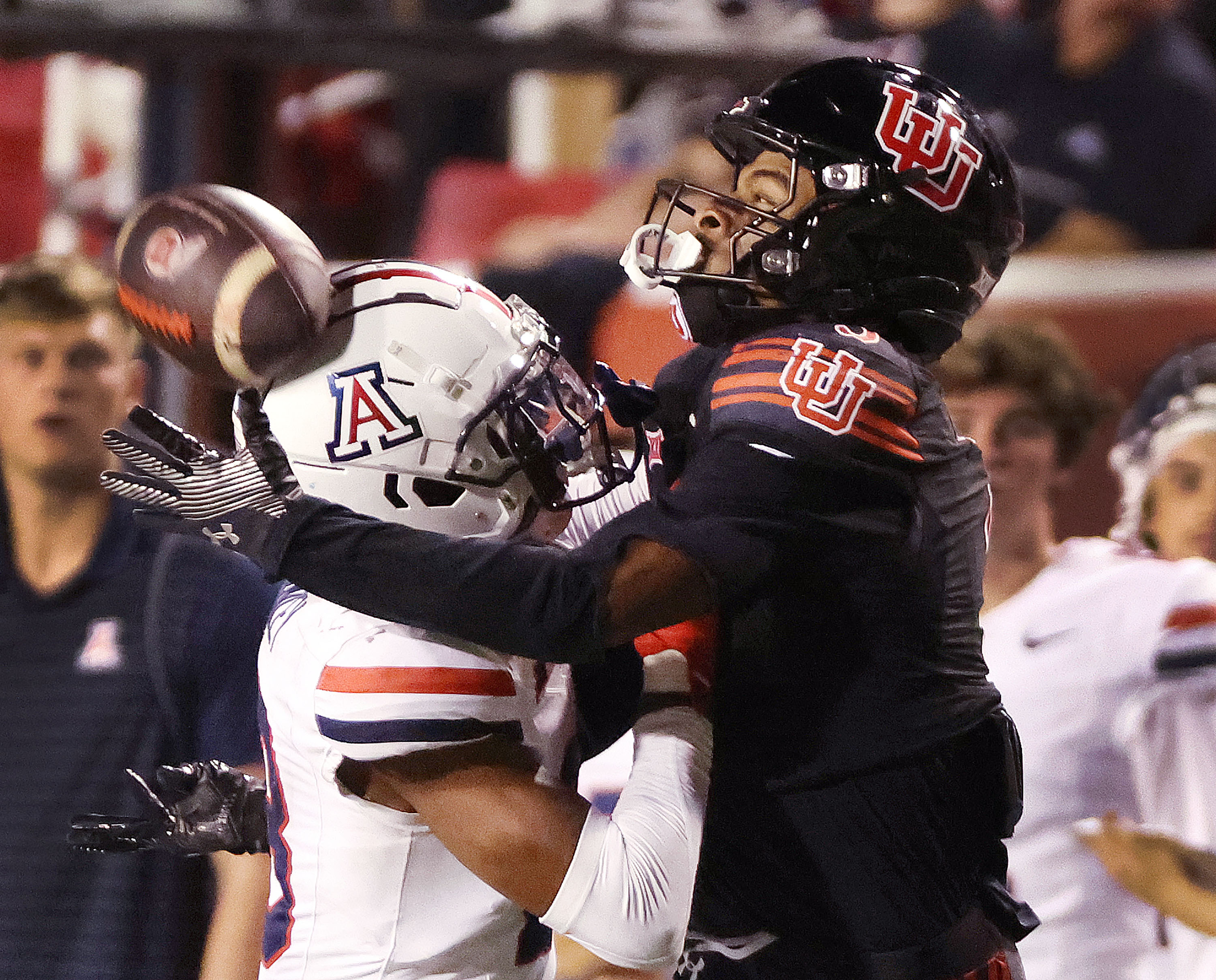 Utah Utes wide receiver Dorian Singer (3) can’t come up with the catch against Arizona Wildcats defensive back Emmanuel Karnley (23) in Salt Lake City on Saturday, Sept. 28, 2024.