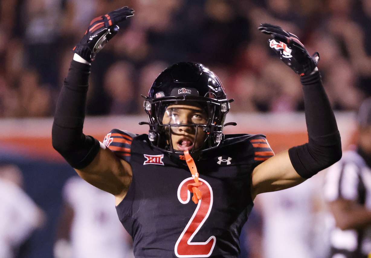 Utah Utes cornerback Smith Snowden (2) gestures to the crowd in Salt Lake City on Sunday, Sept. 29, 2024. Utah lost 23-10.