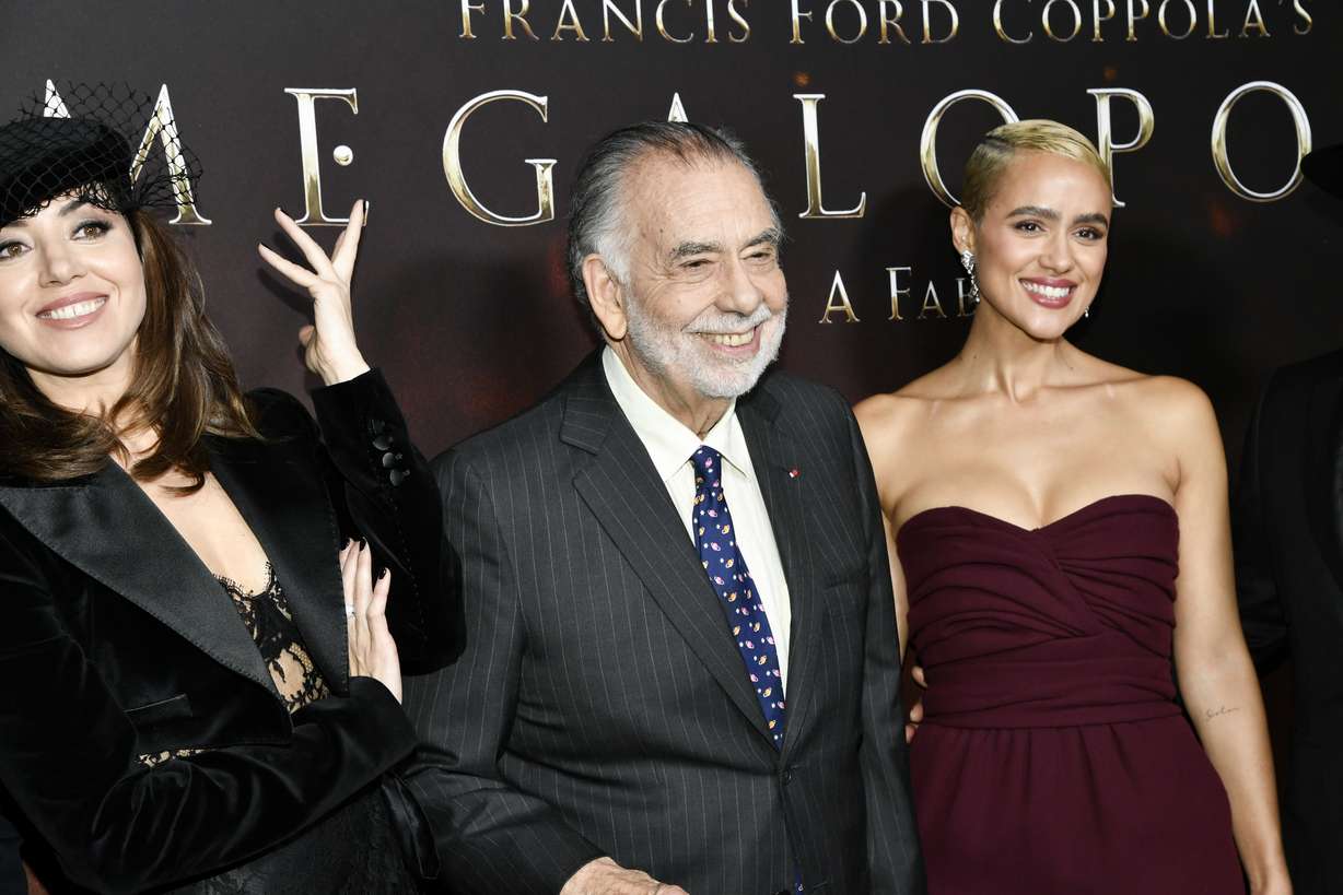 Aubrey Plaza, from left, Francis Ford Coppola, and Nathalie Emmanuel attend the premiere of "Megalopolis" on Sept. 23, at AMC Lincoln Square in New York.