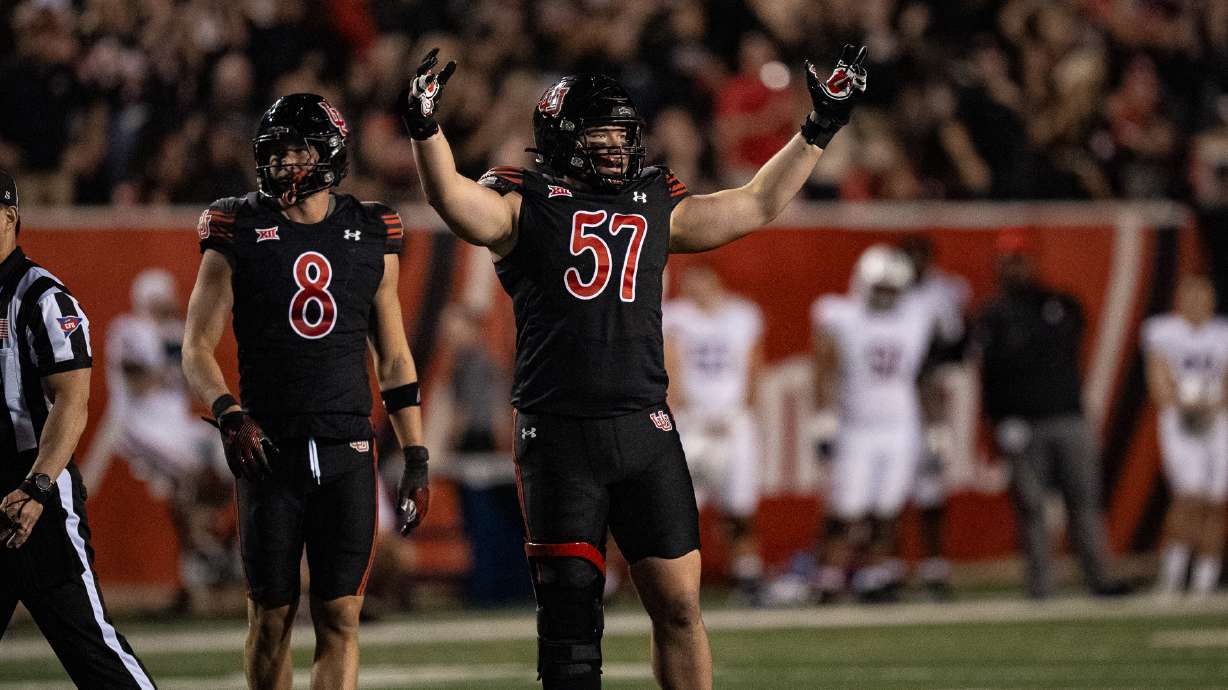 Utah defensive tackle Keanu Tanuvasa hypes up the crowd against Arizona in a game at Rice-Eccles Stadium in Salt Lake City on Sept. 28, 2024.