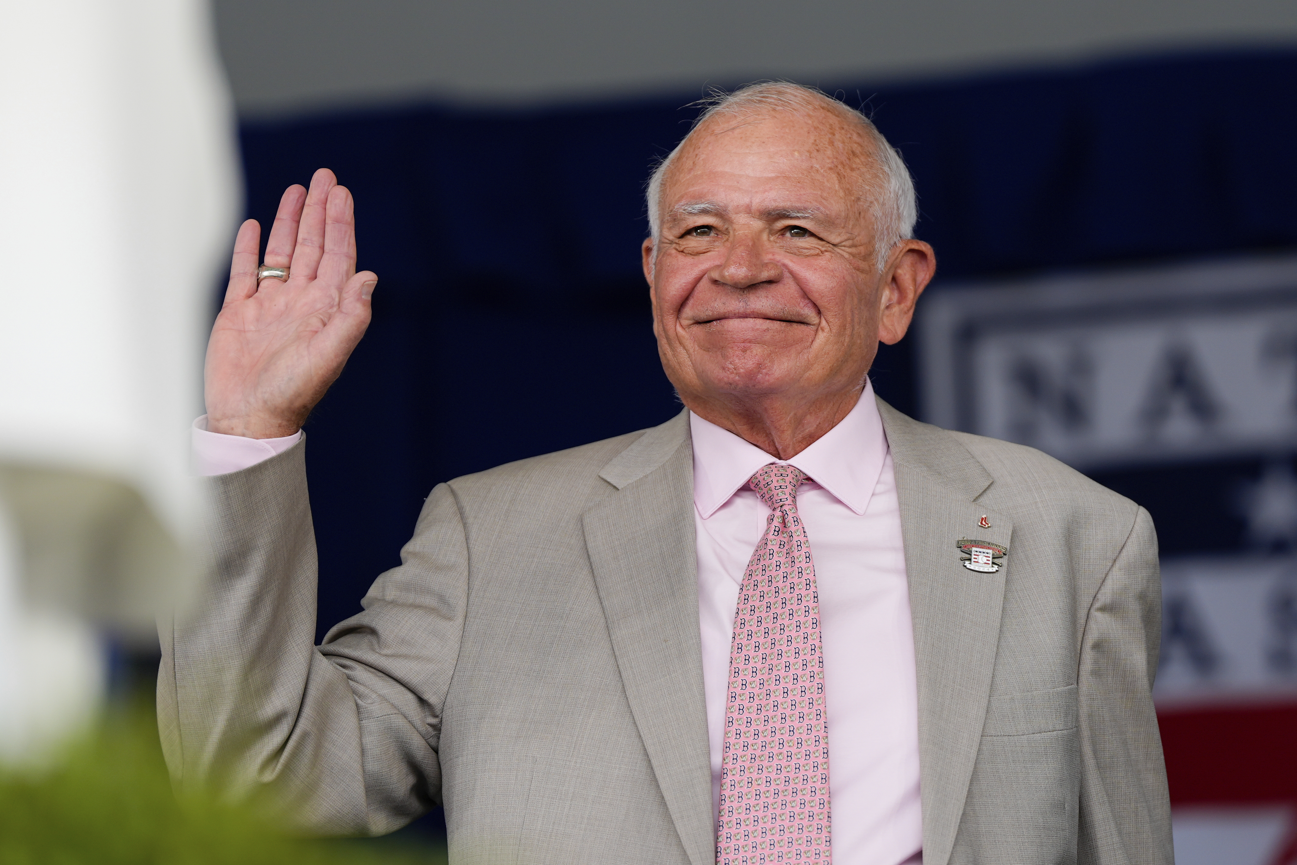 FILE - Boston Red Sox broadcaster Joe Castiglione arrives at the National Baseball Hall of Fame induction ceremony July 21, 2024, in Cooperstown, N.Y.
