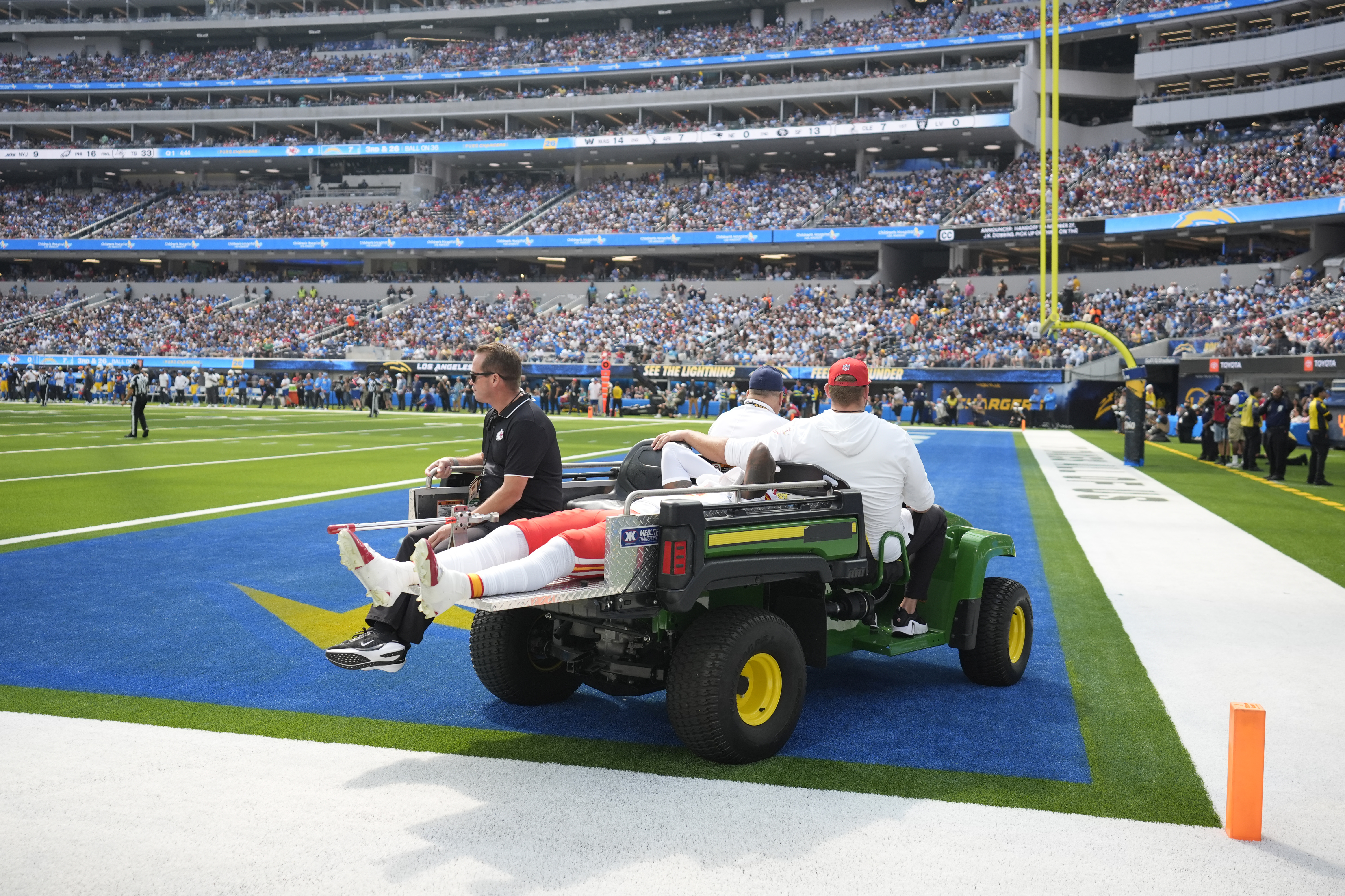 Kansas City Chiefs wide receiver Rashee Rice is taken off the field on a cart after being injured during the first half of an NFL football game against the Los Angeles Chargers Sunday, Sept. 29, 2024, in Inglewood, Calif. 